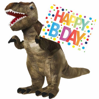 Pluche knuffel Dino T-rex van 48 cm met A5-size Happy Birthday wenskaart - Knuffeldier