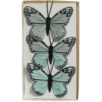 Decoris decoratie vlinders op draad - 3x - blauw - 8 x 6 cm - Hobbydecoratieobject