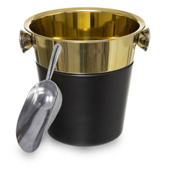 Champagnekoeler/ijsemmer incl. ijsblokjes schep - 3L - zwart/goud - D24 cm - IJsemmers