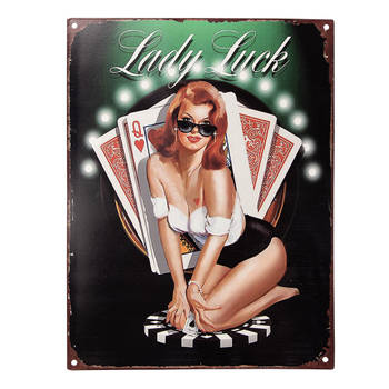 Clayre & Eef Tekstbord 25x33 cm Zwart Ijzer Speelkaarten Lady Luck Wandbord Zwart Wandbord