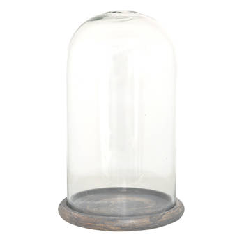 HAES DECO - Decoratieve glazen stolp met grijs bruine houten voet, diameter 17 cm en hoogte 29 cm - ST035361
