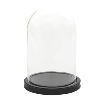 HAES DECO - Decoratieve glazen stolp met zwart houten voet, diameter 17 cm en hoogte 25 cm - ST6GL3365HS