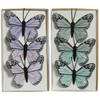 6x stuks decoratie vlinders op draad - blauw - paars - 6 cm - Hobbydecoratieobject