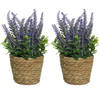 2x lavendel kunstplant in gevlochten plantenmand - paars - D12 x H26 cm - Kunstplanten