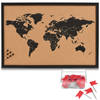 Prikbord wereldkaart met 20x punaise vlaggetjes - 60 x 40 cm - kurk - Prikborden