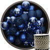 37x stuks kunststof kerstballen 6 cm kobalt blauw inclusief kralenslinger zilver - Kerstbal