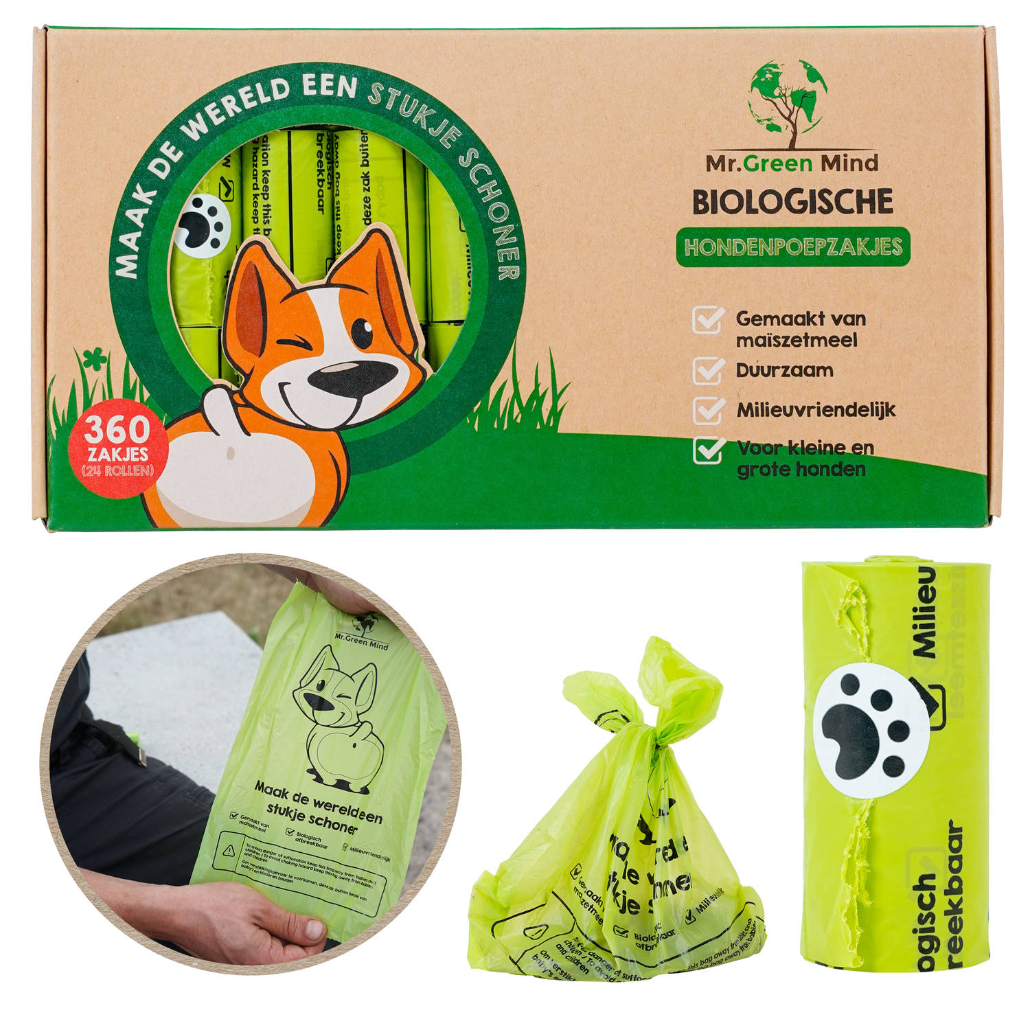 Mr. Green Mind Poepzakjes 360 stuks Hondenpoepzakjes Biologisch Afbreekbaar 24 rollen Hond