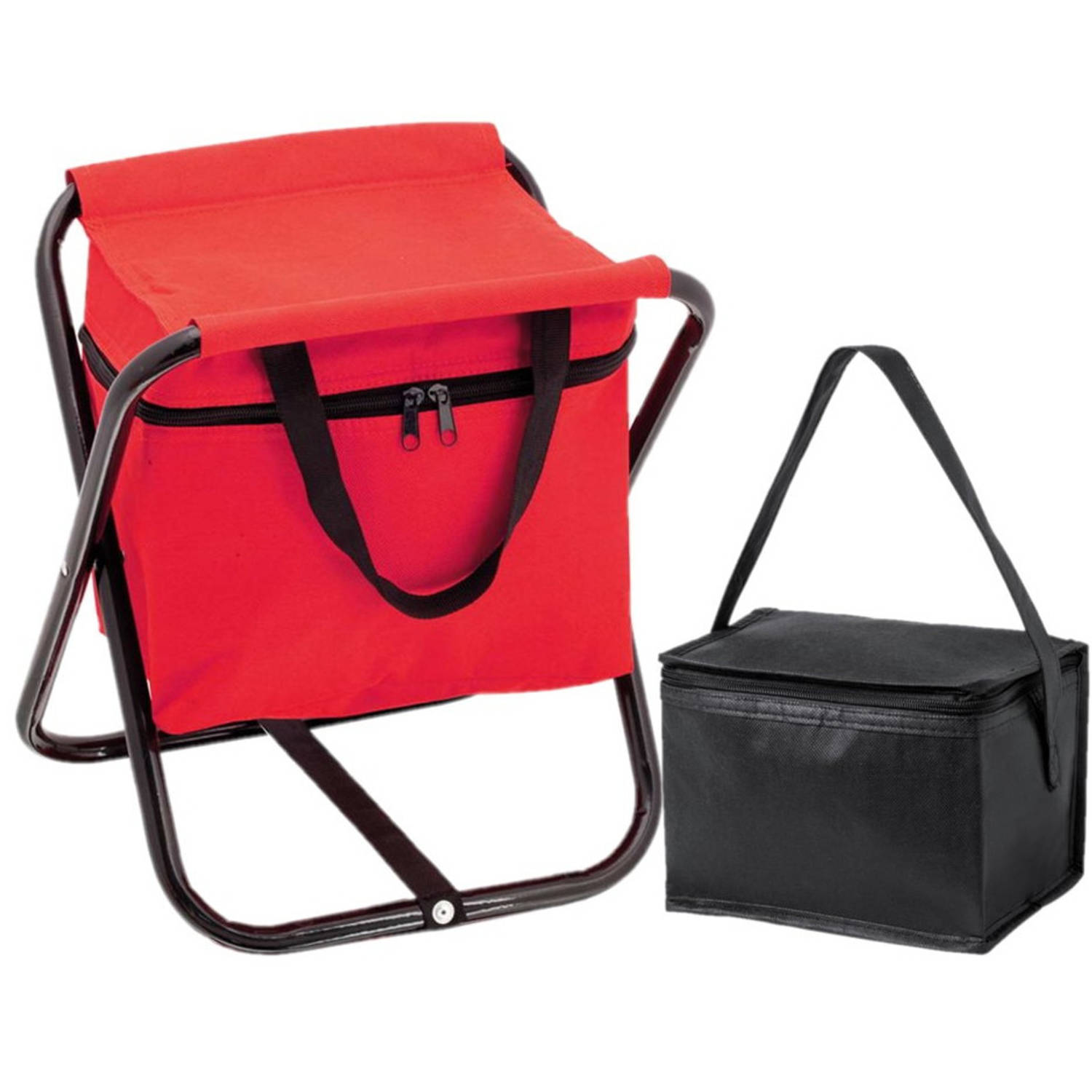 Opvouwbare stoel met ingebouwde koeltas en extra kleine koeltas rood-zwart Koeltas