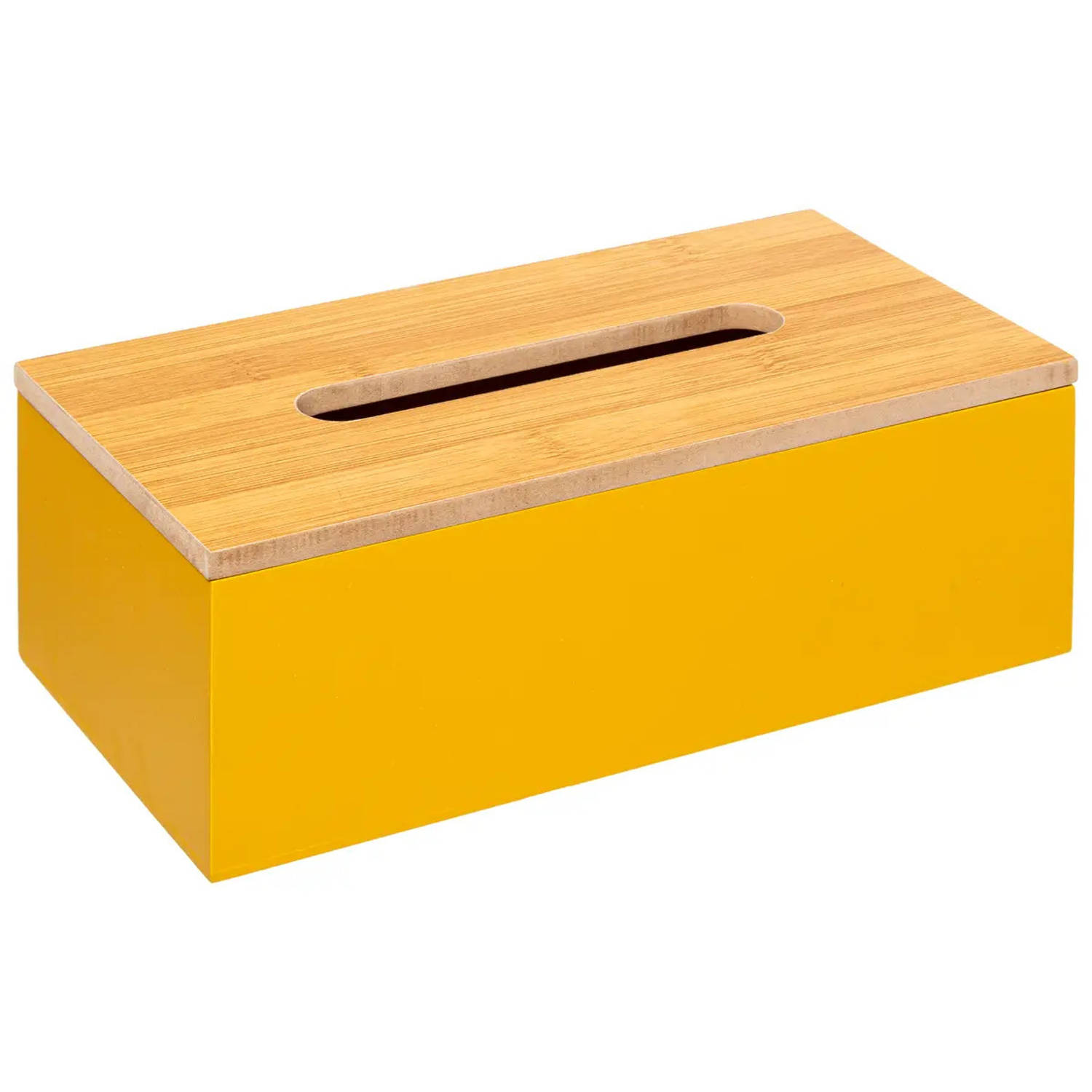 Tissuedoos-zakdoekjes box geel MDF hout bamboe deksel 25 x 13 x 9 cm Tissuehouders