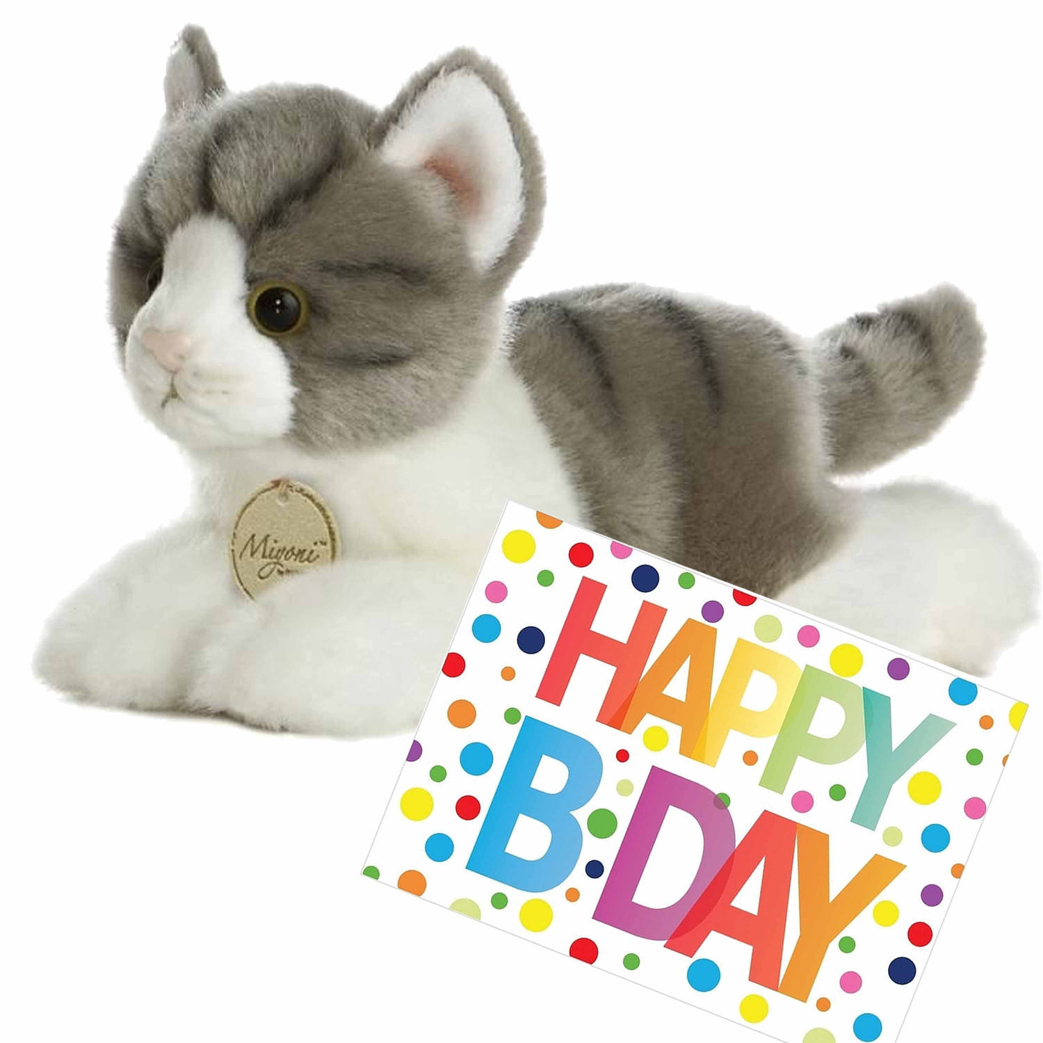 Pluche knuffel kat-poes grijs-witte 20 cm met A5-size Happy Birthday wenskaart Knuffel huisdieren