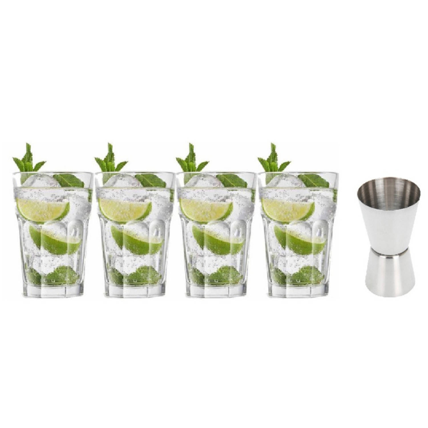 4x Cocktailglazen-Mojito glazen transparant 410 ml met RVS maatbeker-barmaatje Cocktailglazen
