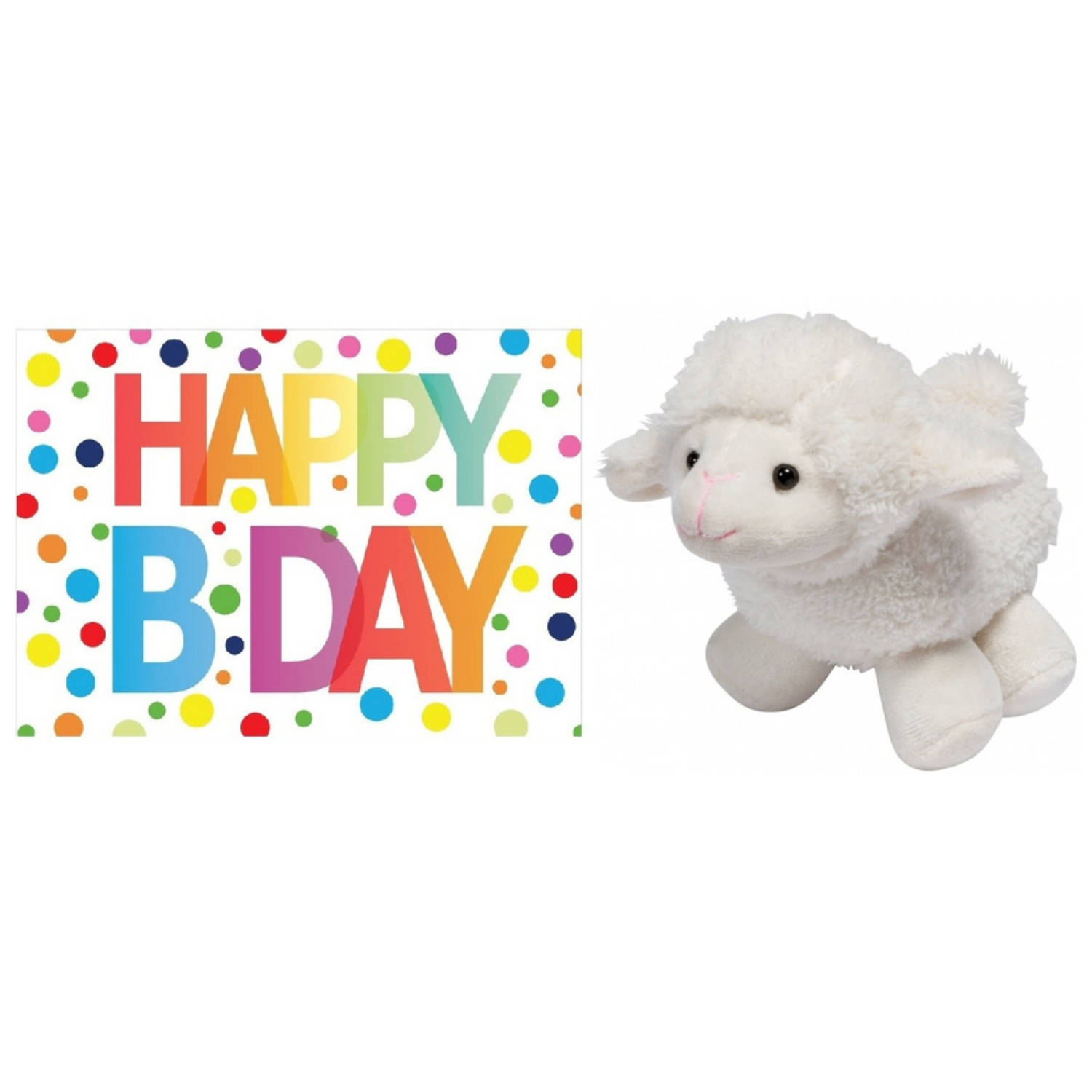 Pluche knuffel lammetje-schaap 16 cm met A5-size Happy Birthday wenskaart Knuffel boederijdieren