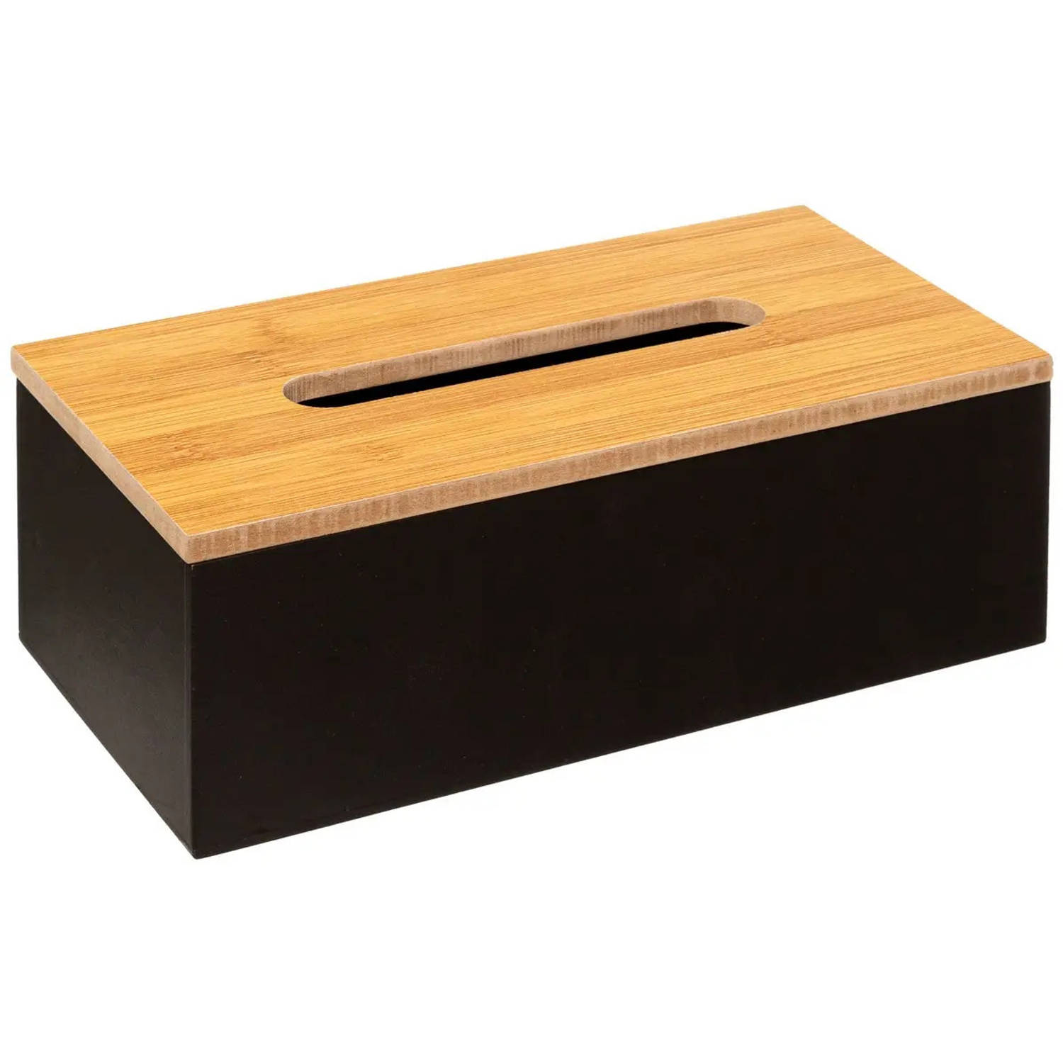 Tissuedoos-zakdoekjes box zwart MDF hout bamboe deksel 25 x 13 x 9 cm Tissuehouders
