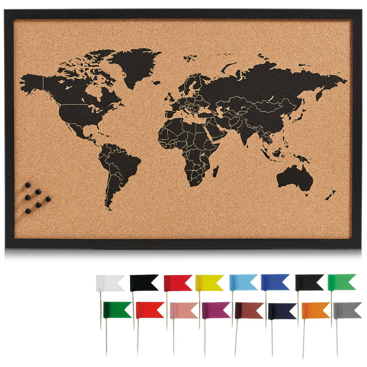 Proficiat Bijdrage Marine Prikbord wereldkaart met 20x punaise vlaggetjes - 60 x 40 cm - kurk -  Prikborden | Blokker