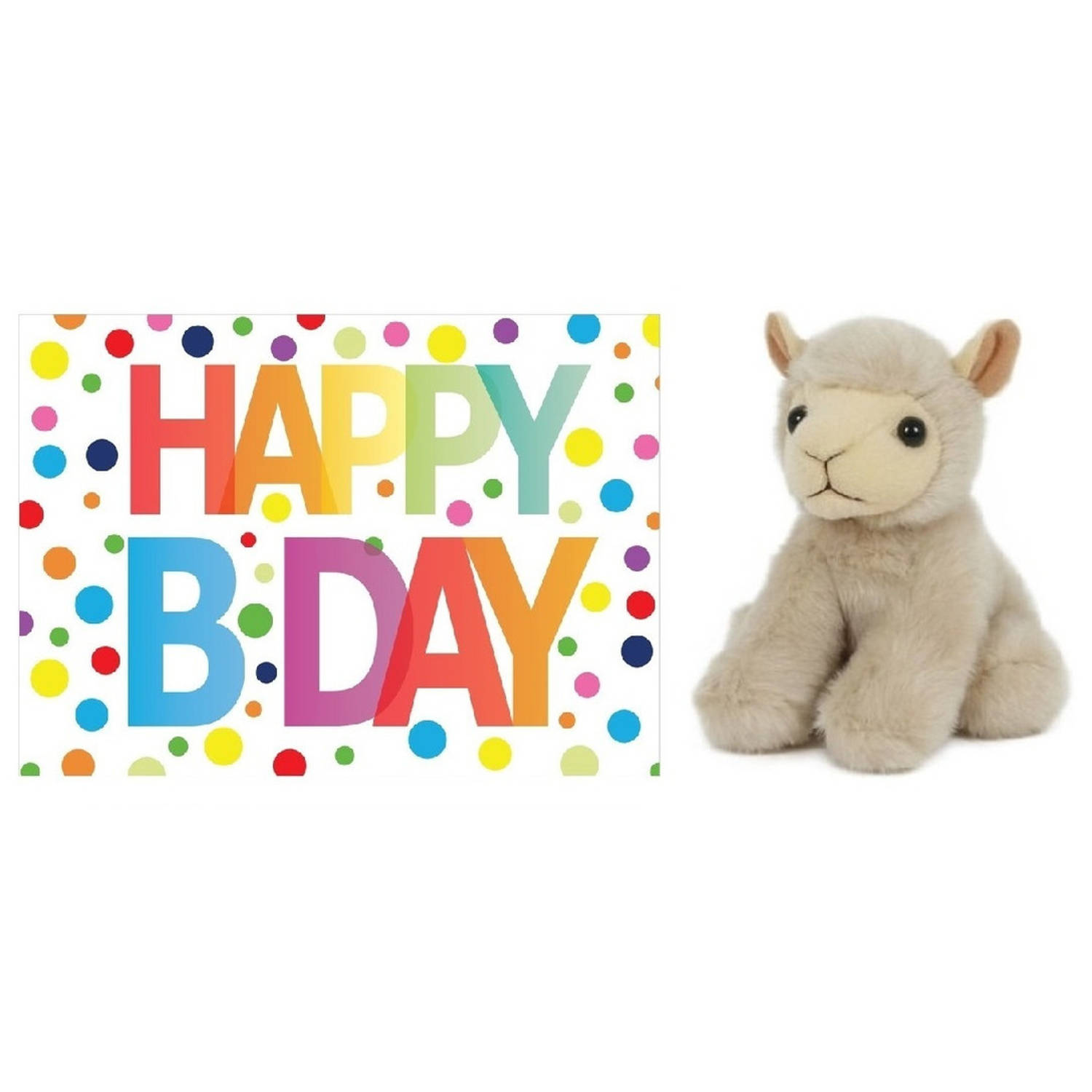 Pluche knuffel lammetje-schaap 13 cm met A5-size Happy Birthday wenskaart Knuffel boederijdieren