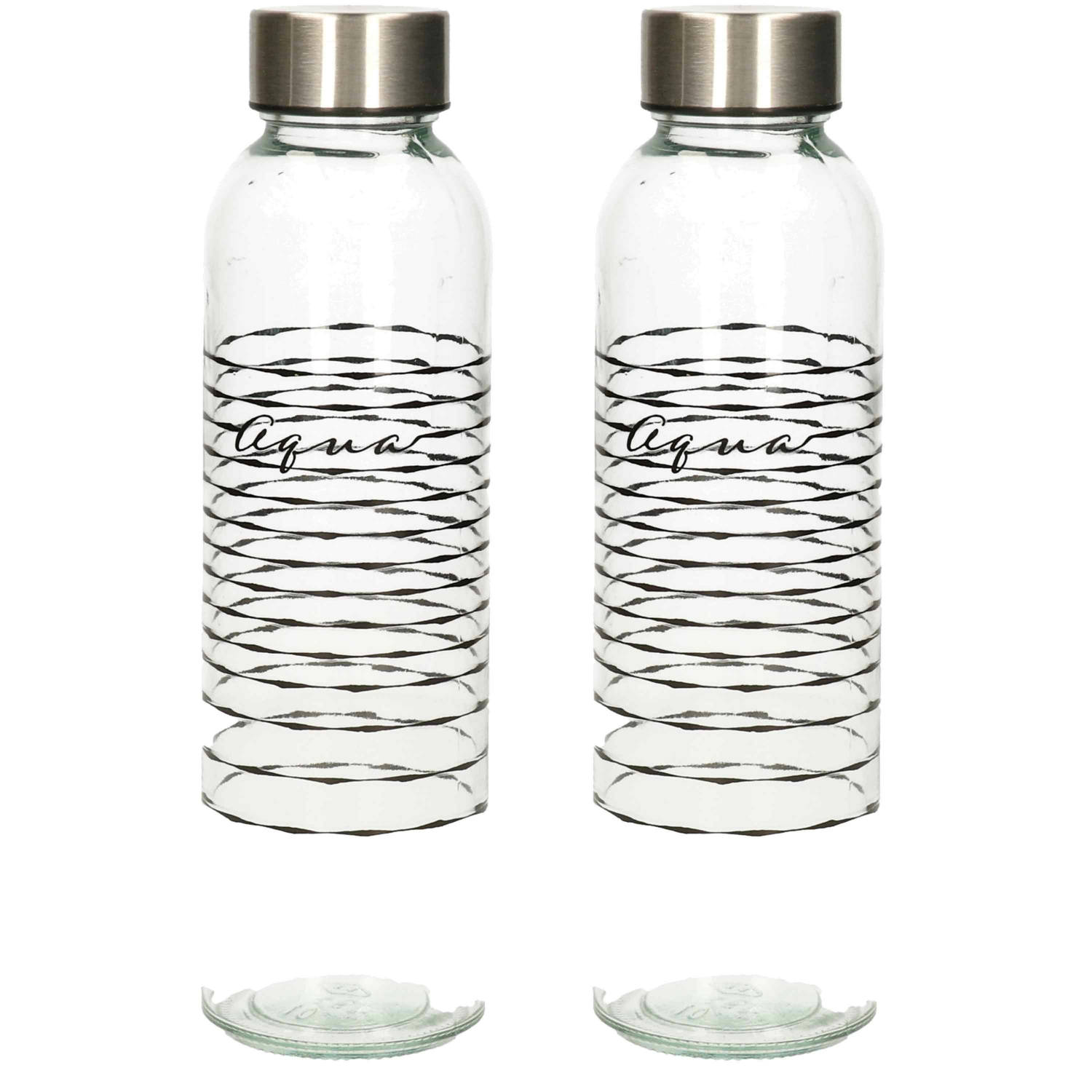 Set van 2x stuks - 5Five Glazen waterfles/drinkfles/sportfles - transparant - met RVS dop - 500 ml - Drinkflessen