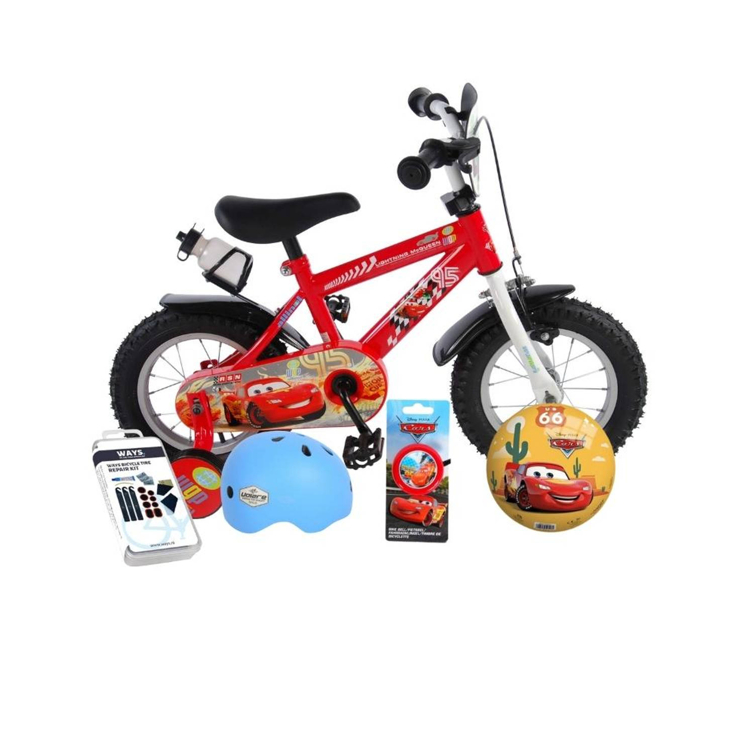 Volare Kinderfiets Disney Cars - 12 inch - Doortrapper - Met bidonhouder - Inclusief fietshelm & accessoires