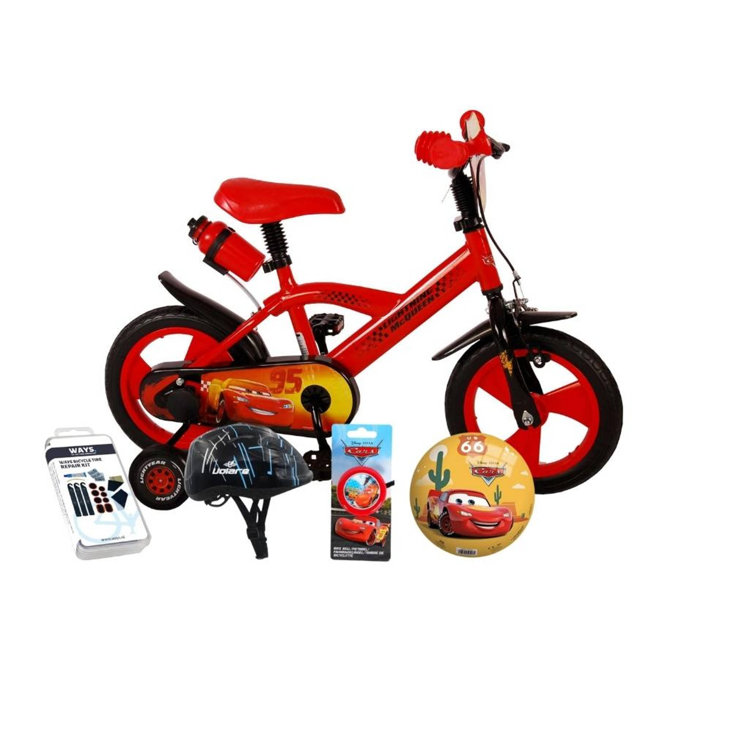 Volare Kinderfiets - Disney Cars - 12 inch - Doortrapper - Met bidonhouder - Inclusief fietshelm + accessoires