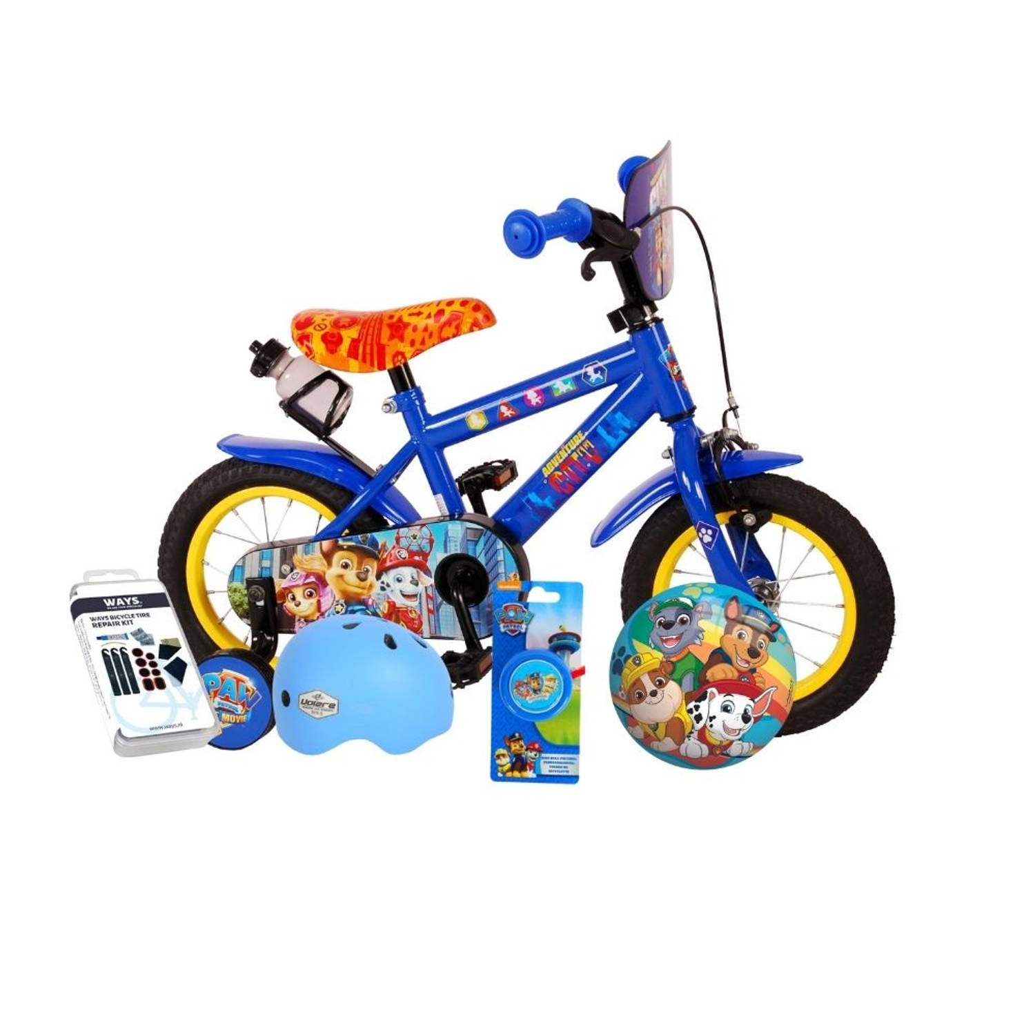 Volare Kinderfiets Paw Patrol - 12 inch - Blauw - Twee handremmen - Inclusief fietshelm & accessoires