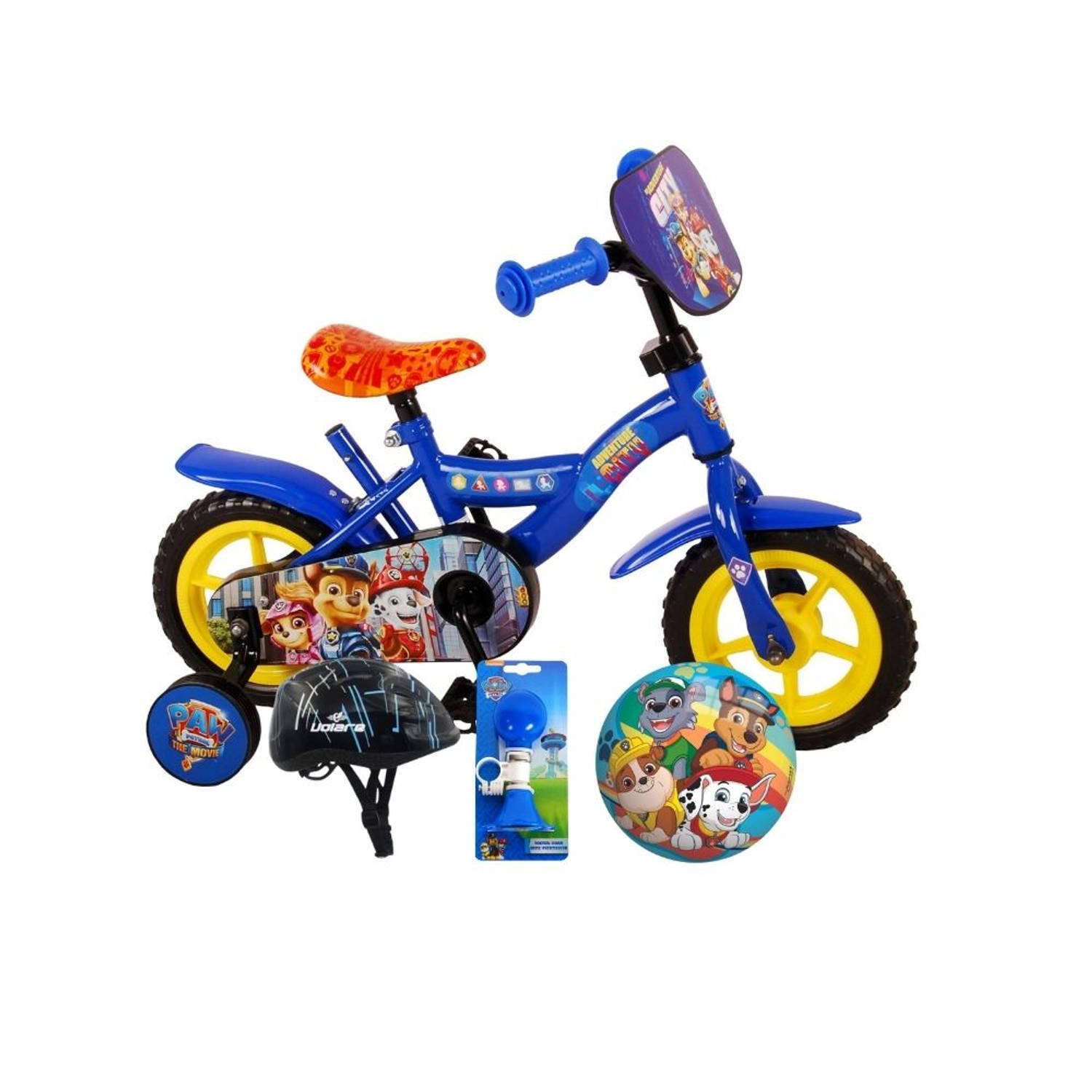 Volare Kinderfiets Paw Patrol - 10 inch - Blauw - Doortrapper - Met fietshelm en accessoires