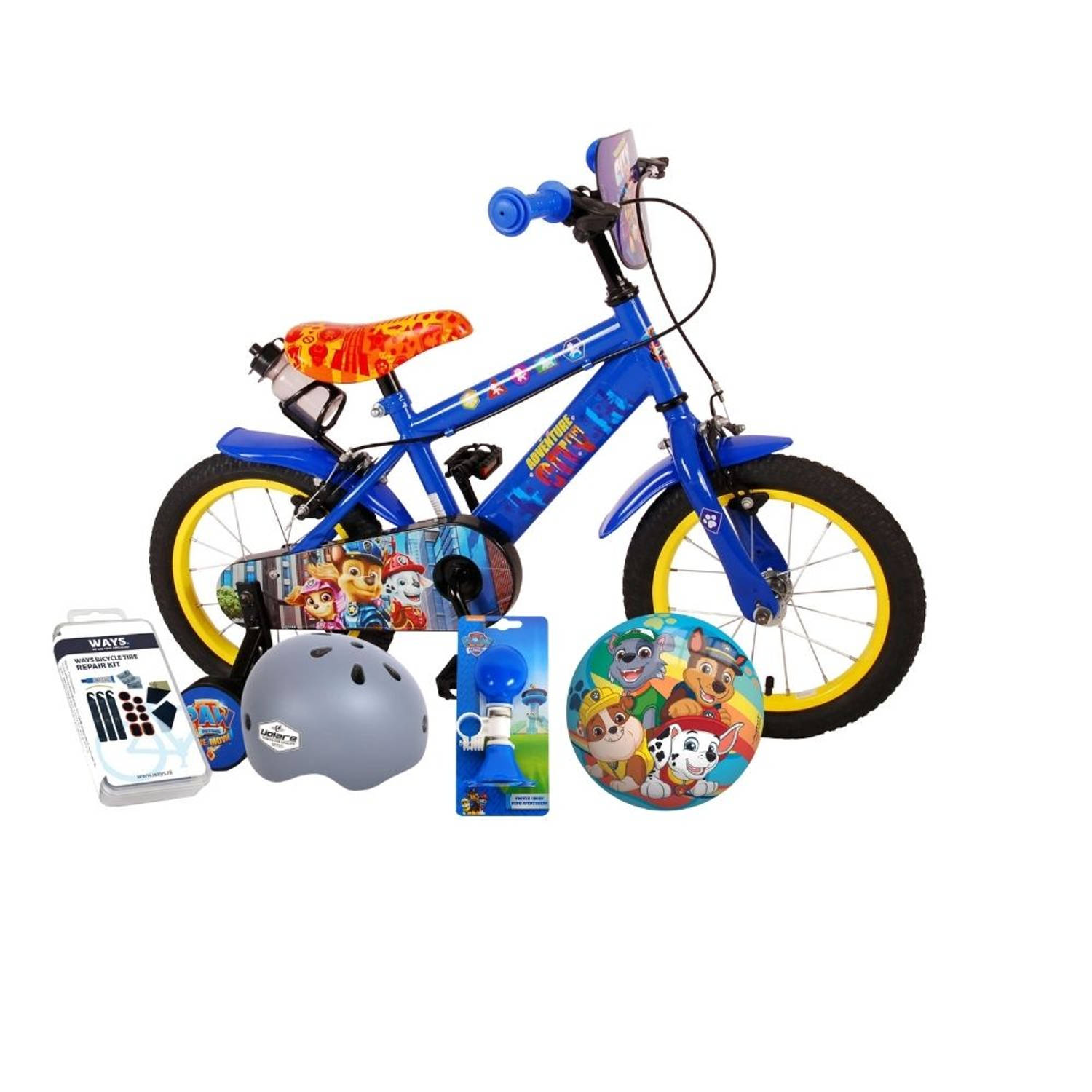 Volare Kinderfiets Paw Patrol - 14 inch - Blauw - Twee handremmen - Met fietshelm & accessoires