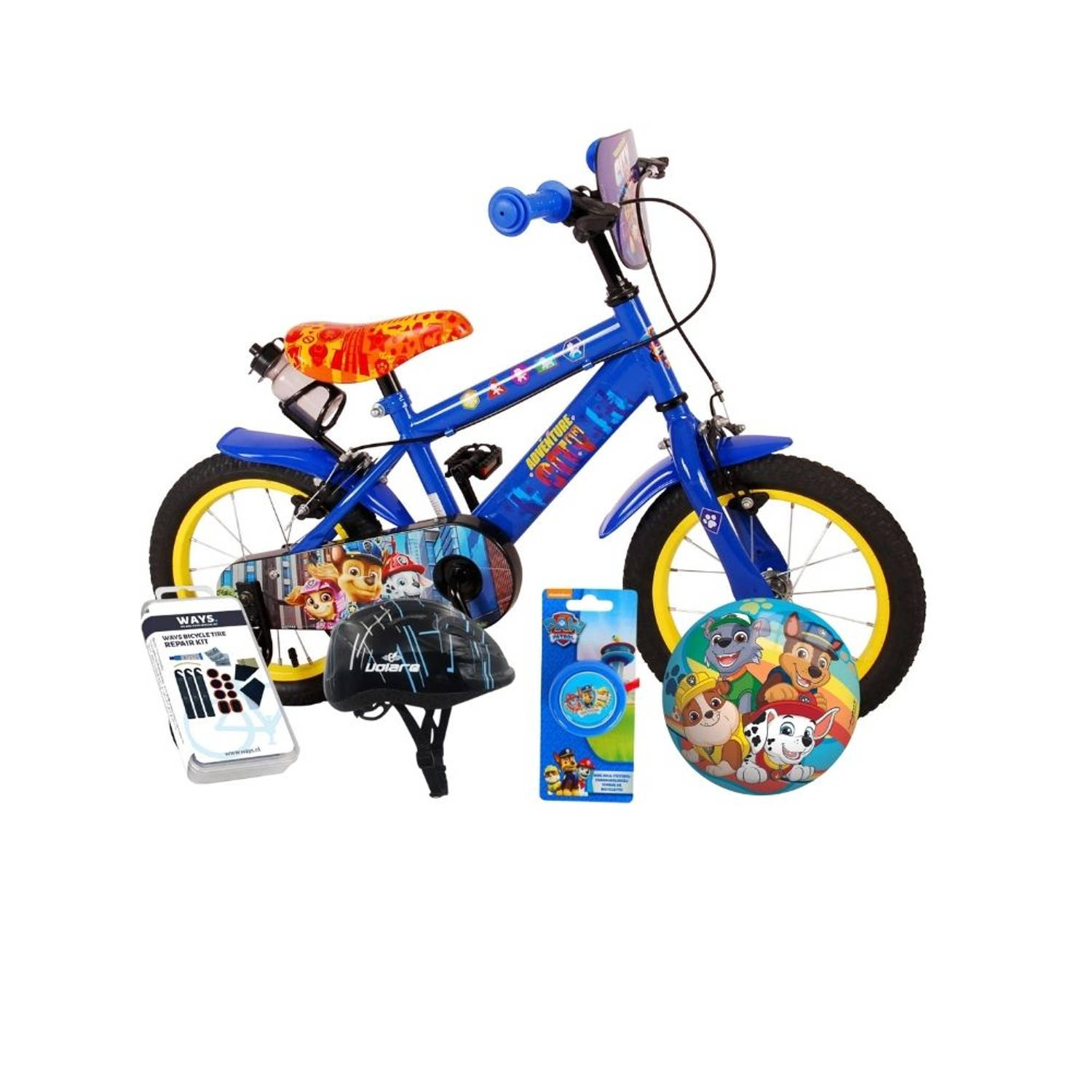 Volare Kinderfiets Paw Patrol - 14 inch - Blauw - Twee handremmen - Inclusief fietshelm + accessoires