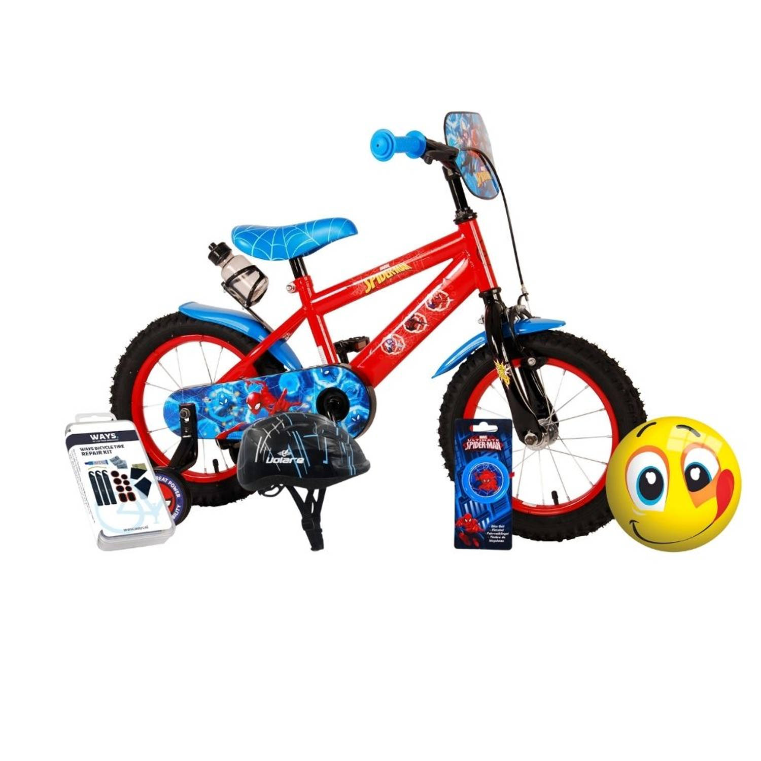 Volare Kinderfiets Spider-Man - 14 inch - Met bidonhouder - Inclusief fietshelm + accessoires