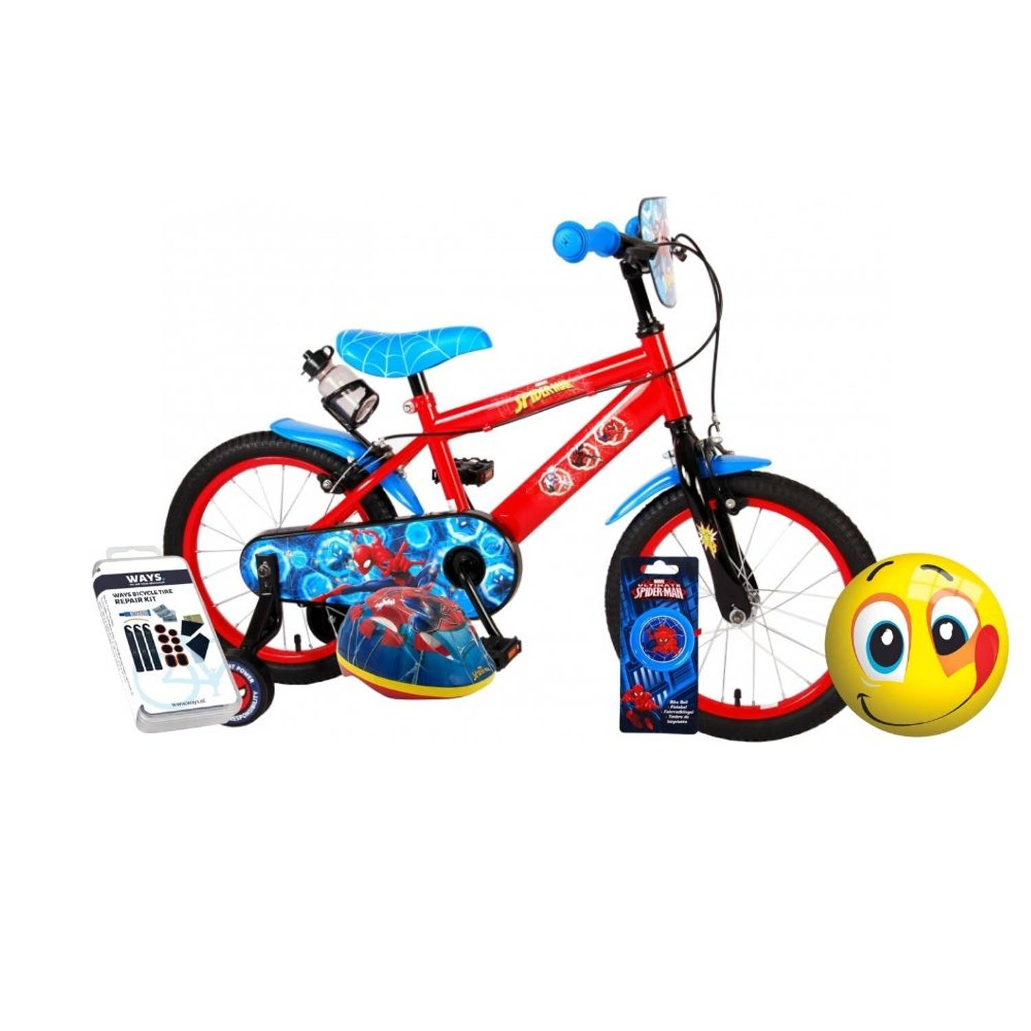Volare Kinderfiets Spider-Man - 16 inch - Twee handremmen - Blauw/Rood - Inclusief fietshelm en accessoires