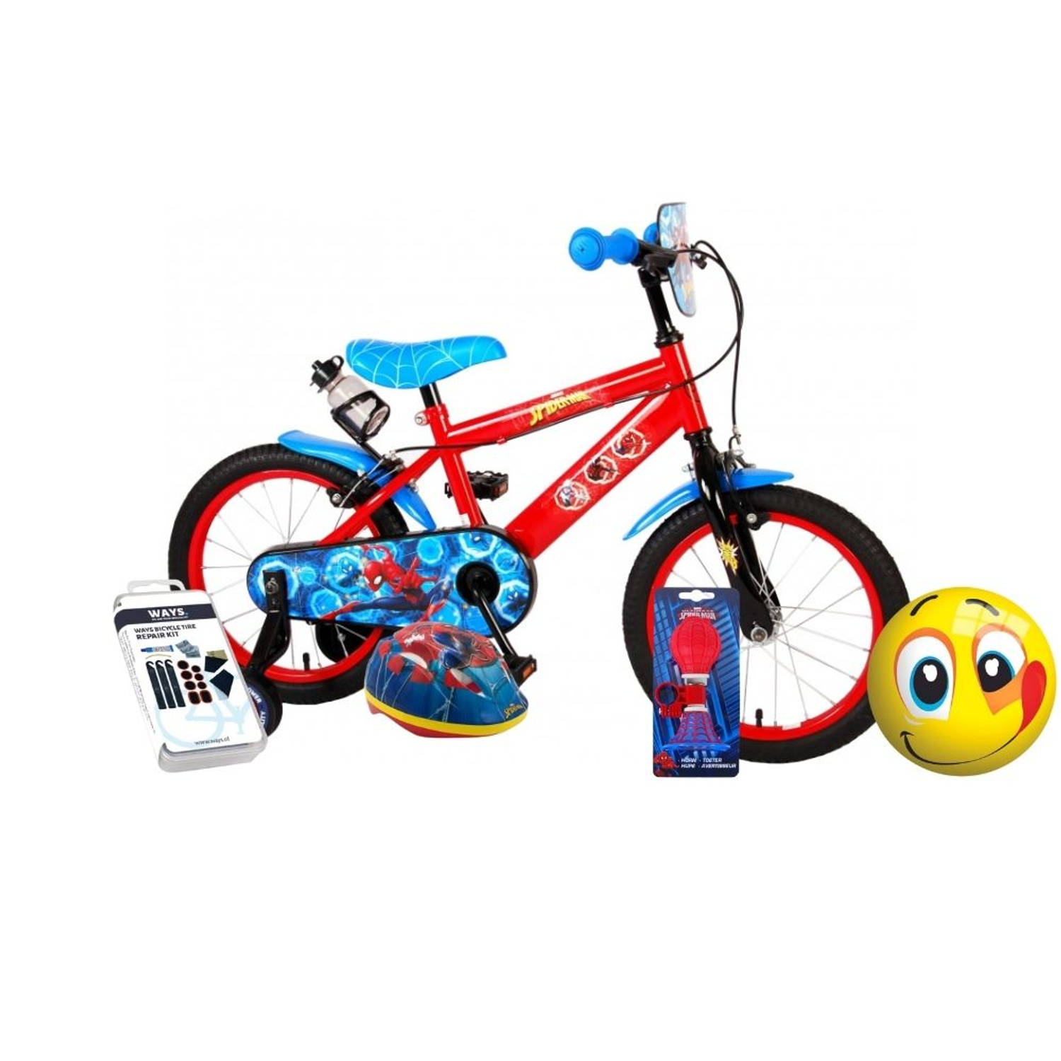 Volare Kinderfiets Spider-Man - 16 inch - Twee handremmen - Blauw/Rood - Met fietshelm en accessoires