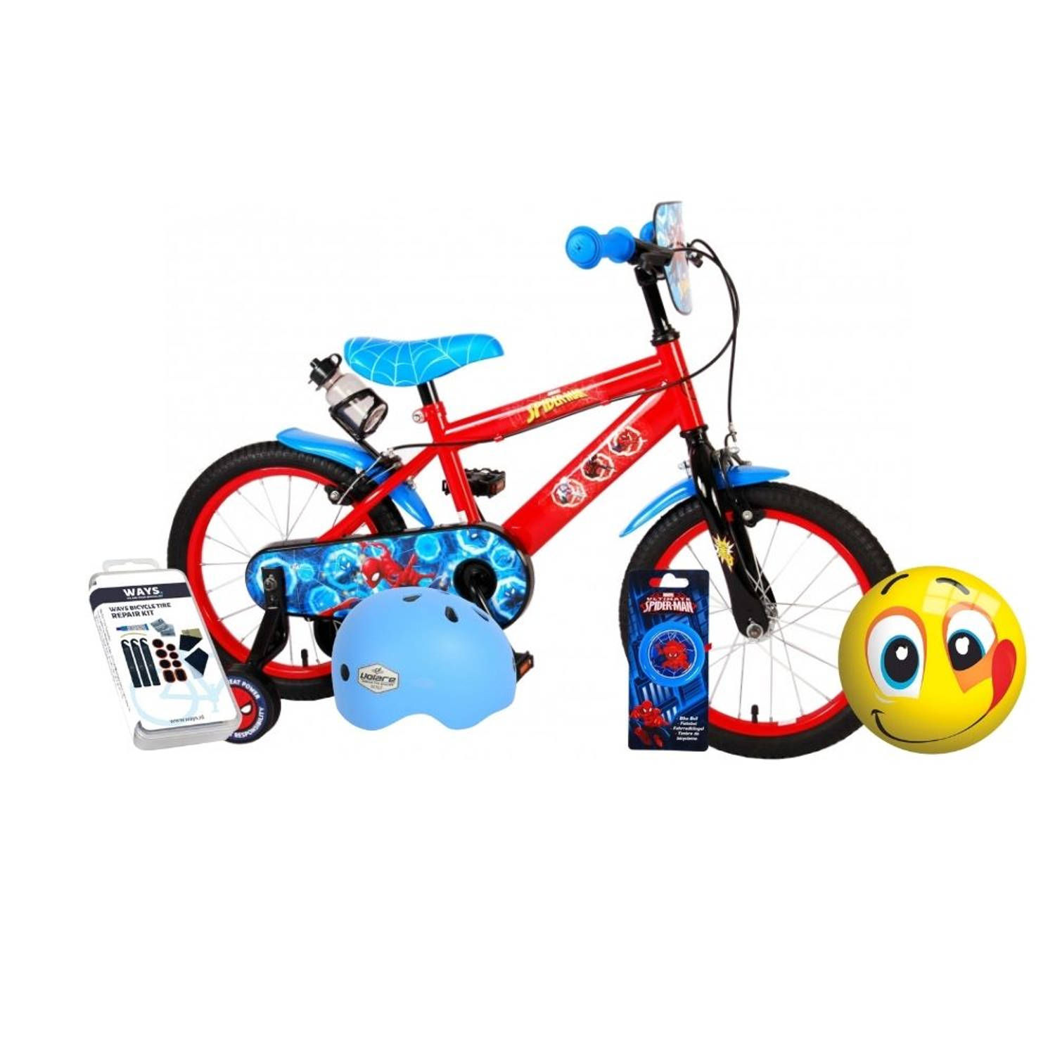 Volare Kinderfiets Spider-Man - 16 inch - Twee handremmen - Blauw/Rood - Inclusief fietshelm & accessoires