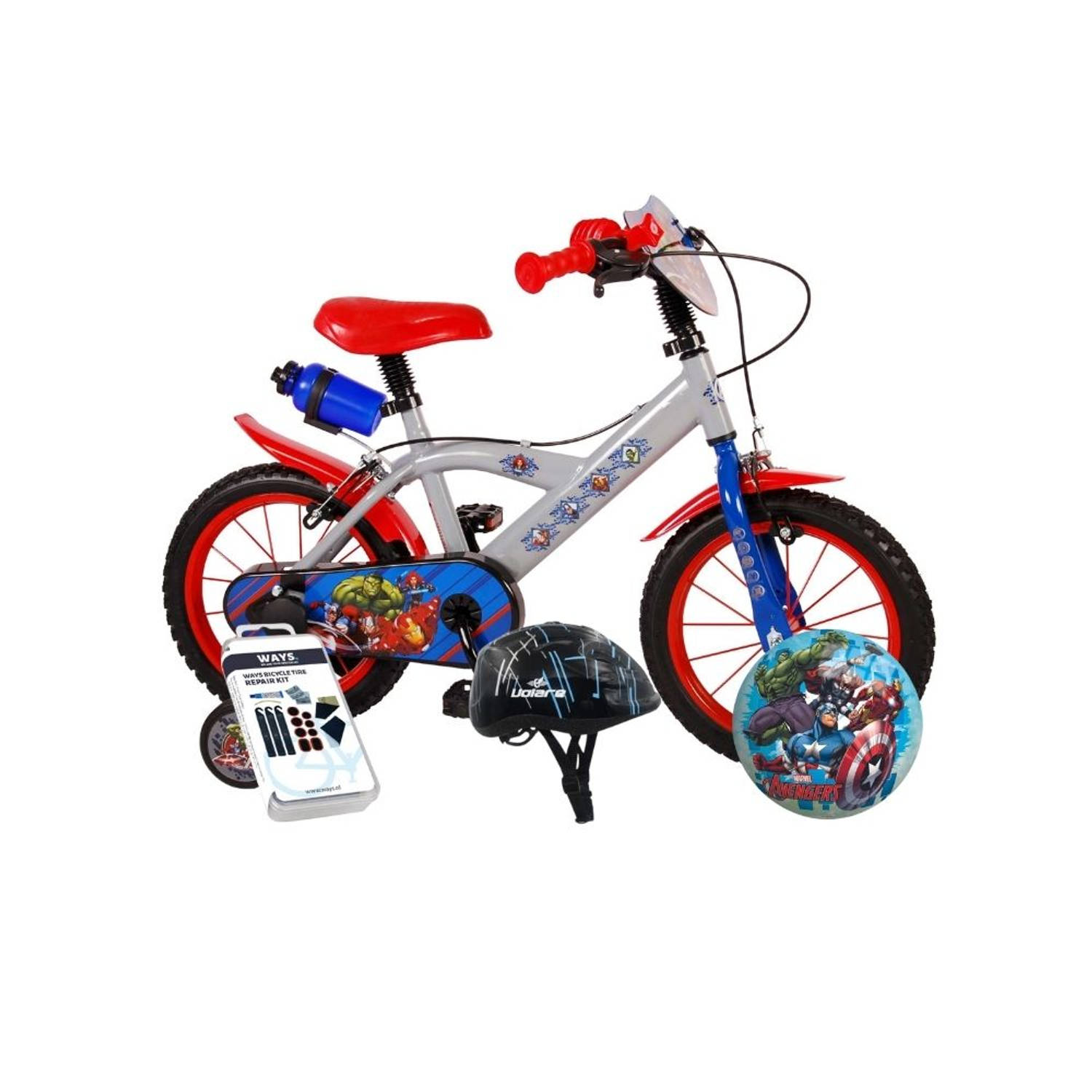 Volare Kinderfiets Avengers - 14 inch - Grijs - Twee handremmen - Inclusief fietshelm & accessoires