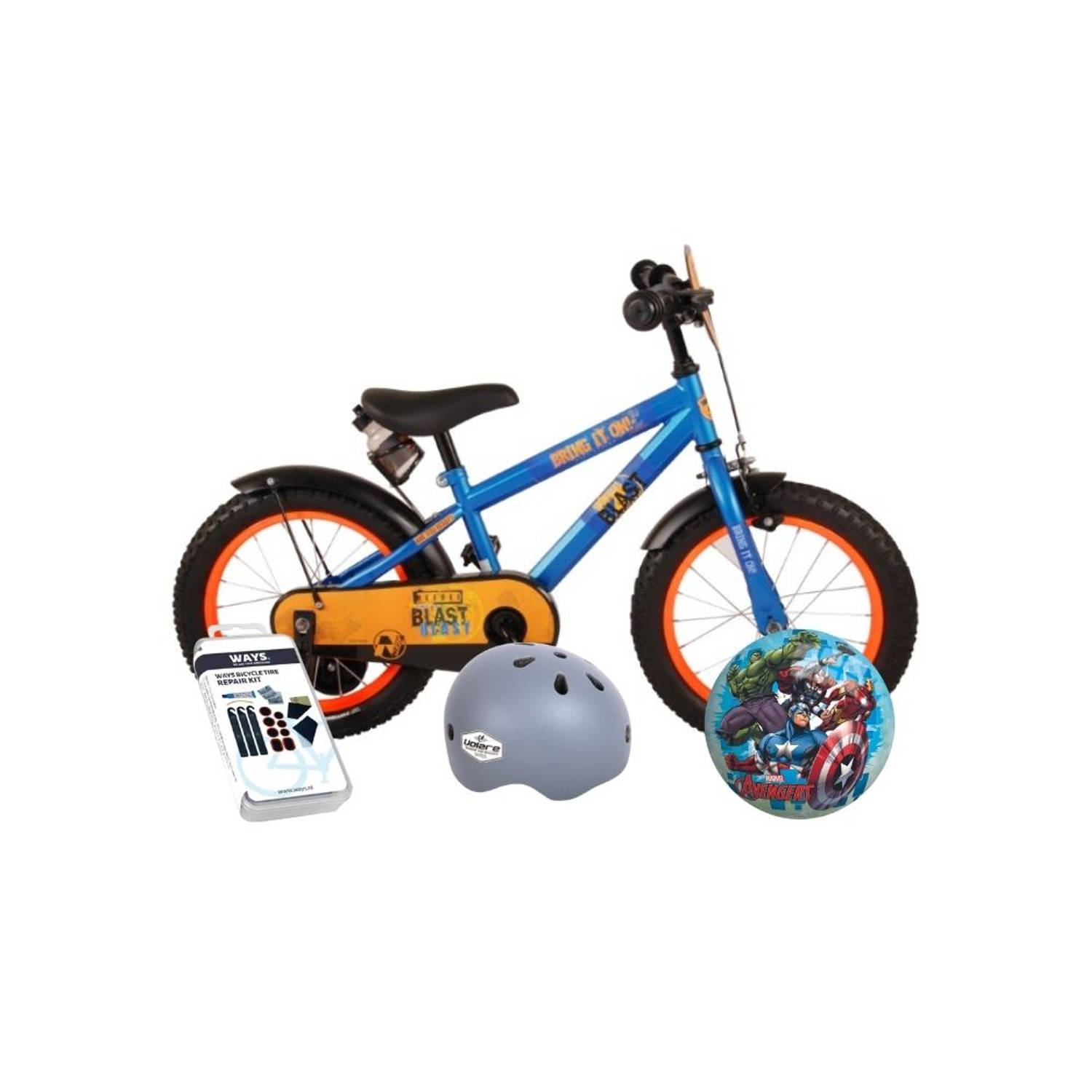 Volare Kinderfiets NERF - 16 inch - Blauw - Met bidonhouder - Met fietshelm en accessoires