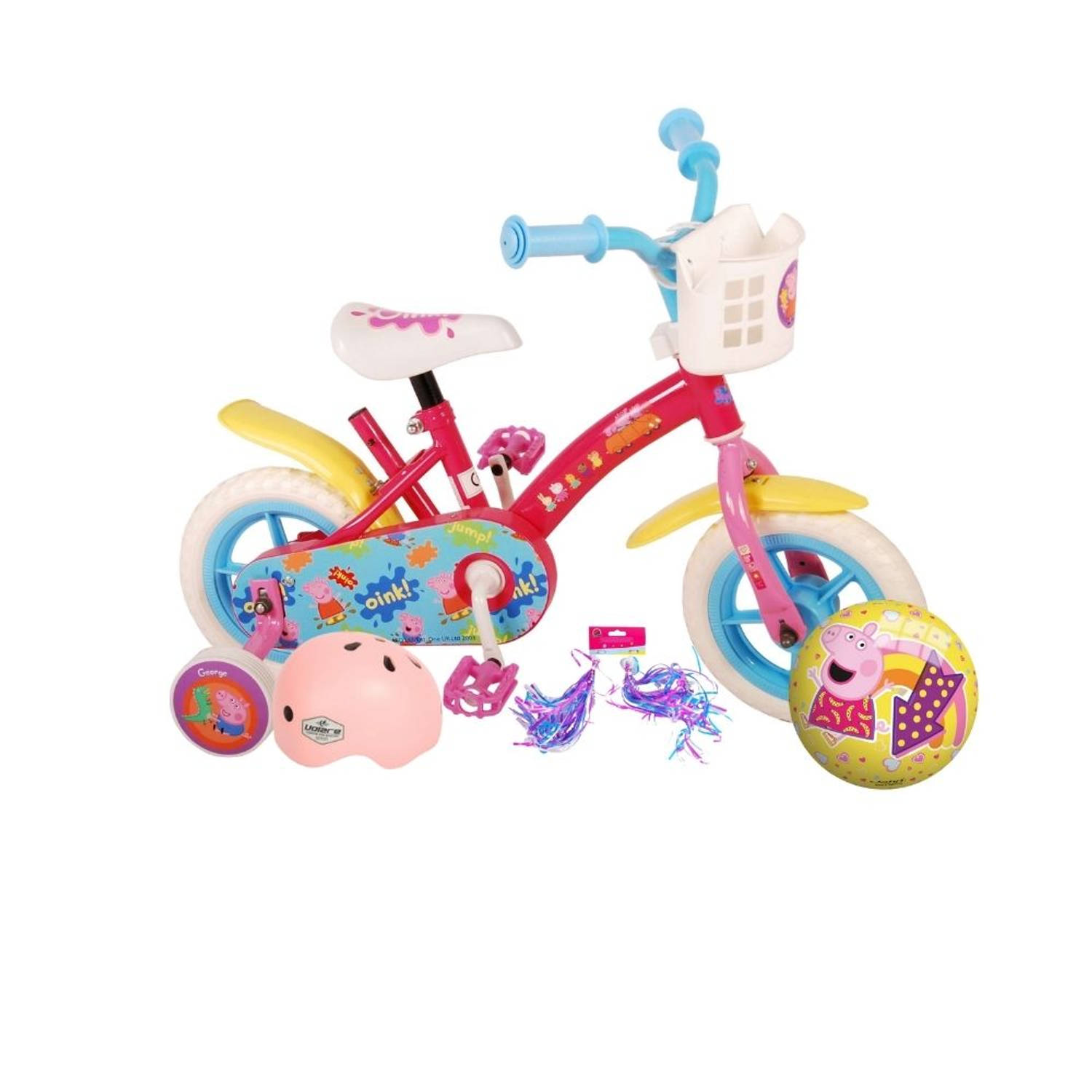 Volare Kinderfiets Peppa Pig - 10 inch - Doortrapper - Met fietshelm & accessoires