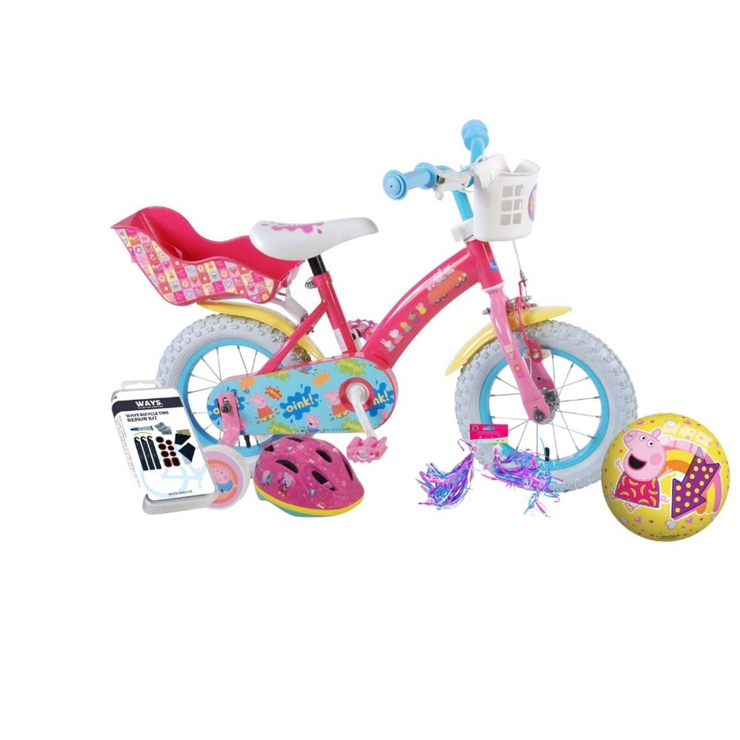 Volare Kinderfiets Peppa Pig - 12 inch - Roze - Inclusief fietshelm en accessoires