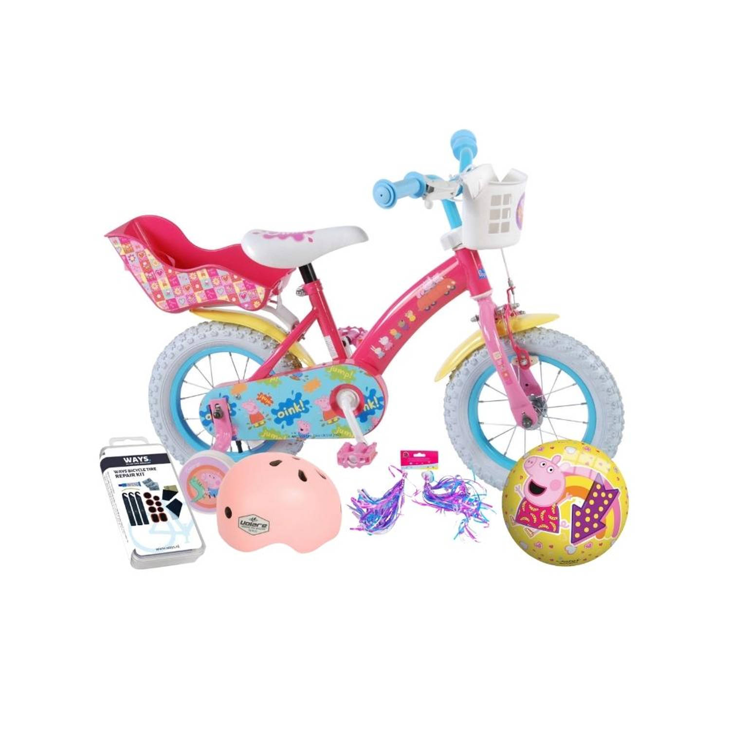 Volare Kinderfiets Peppa Pig - 12 inch - Roze + Inclusief fietshelm + accessoires