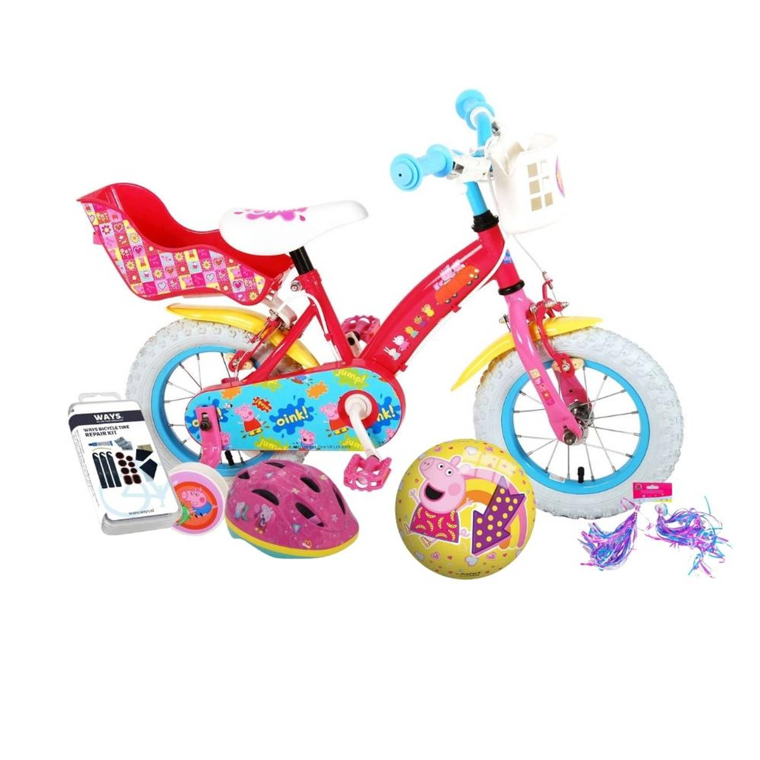 Volare Kinderfiets Peppa Pig - 12 inch - Roze - Twee handremmen - Inclusief fietshelm en accessoires