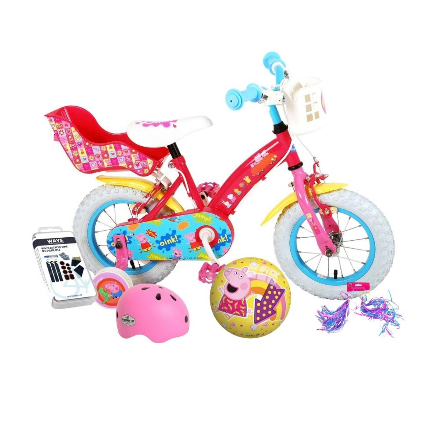 Volare Kinderfiets Peppa Pig - 12 inch - Roze - Twee handremmen - Inclusief fietshelm & accessoires