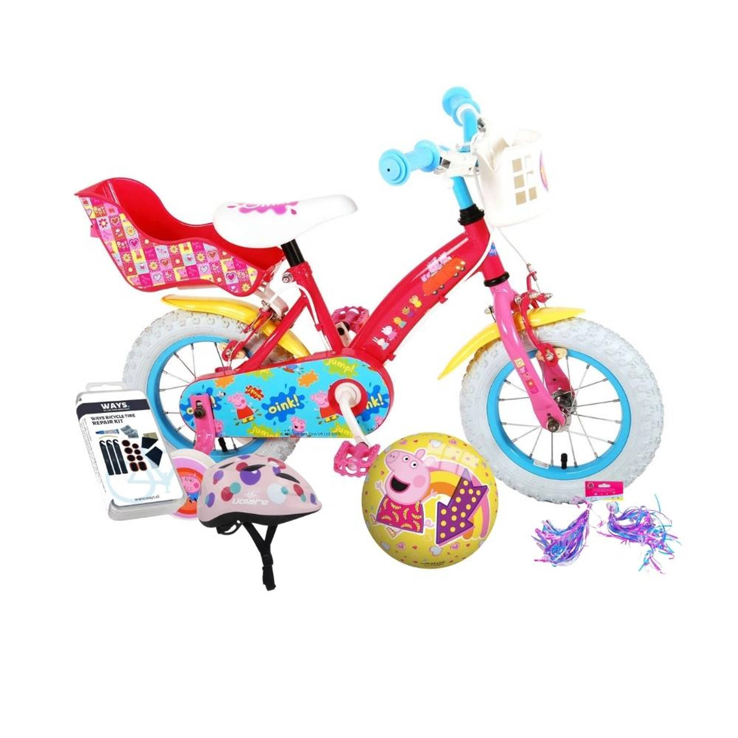 Volare Kinderfiets Peppa Pig - 12 inch - Roze - Twee handremmen - Inclusief fietshelm + accessoires
