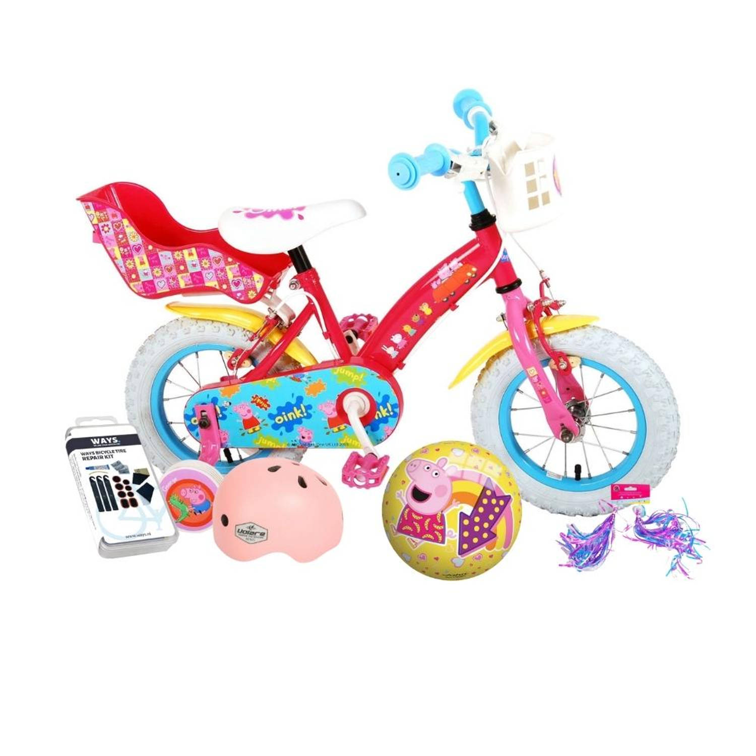Volare Kinderfiets Peppa Pig - 12 inch - Roze - Twee handremmen + Inclusief fietshelm + accessoires