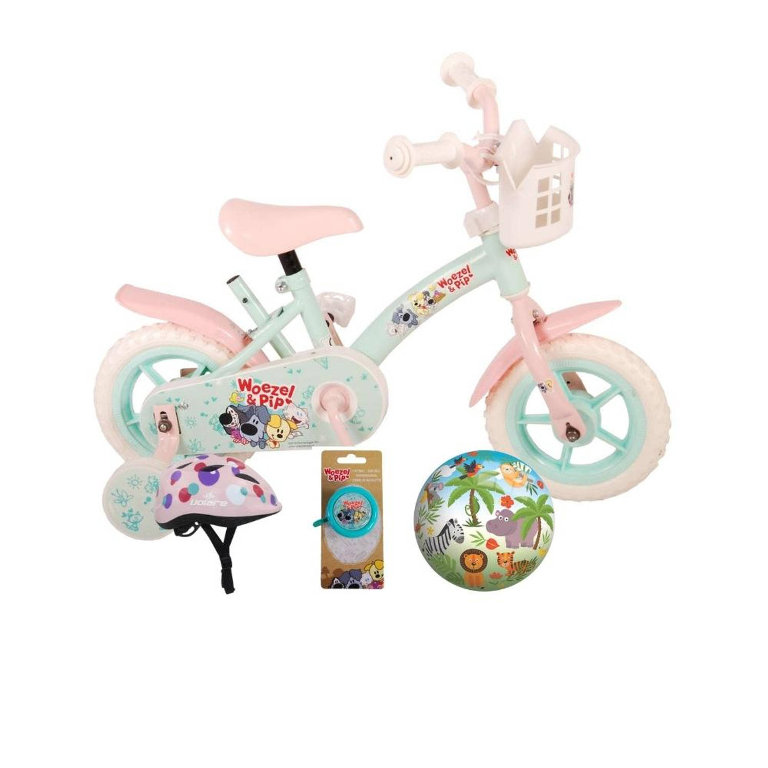 Volare Kinderfiets Woezel & Pip - 10 inch - Doortrapper - Inclusief fietshelm en accessoires