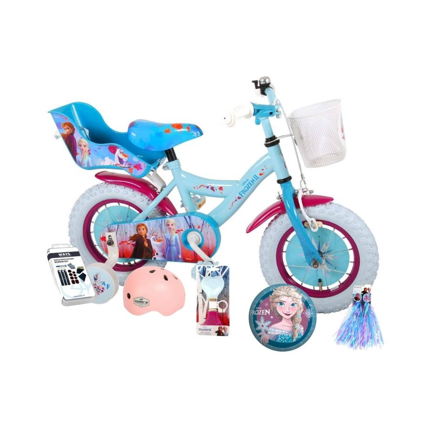 Volare Kinderfiets Disney Frozen II - 12 inch - Blauw/Paars + Met fietshelm + accessoires
