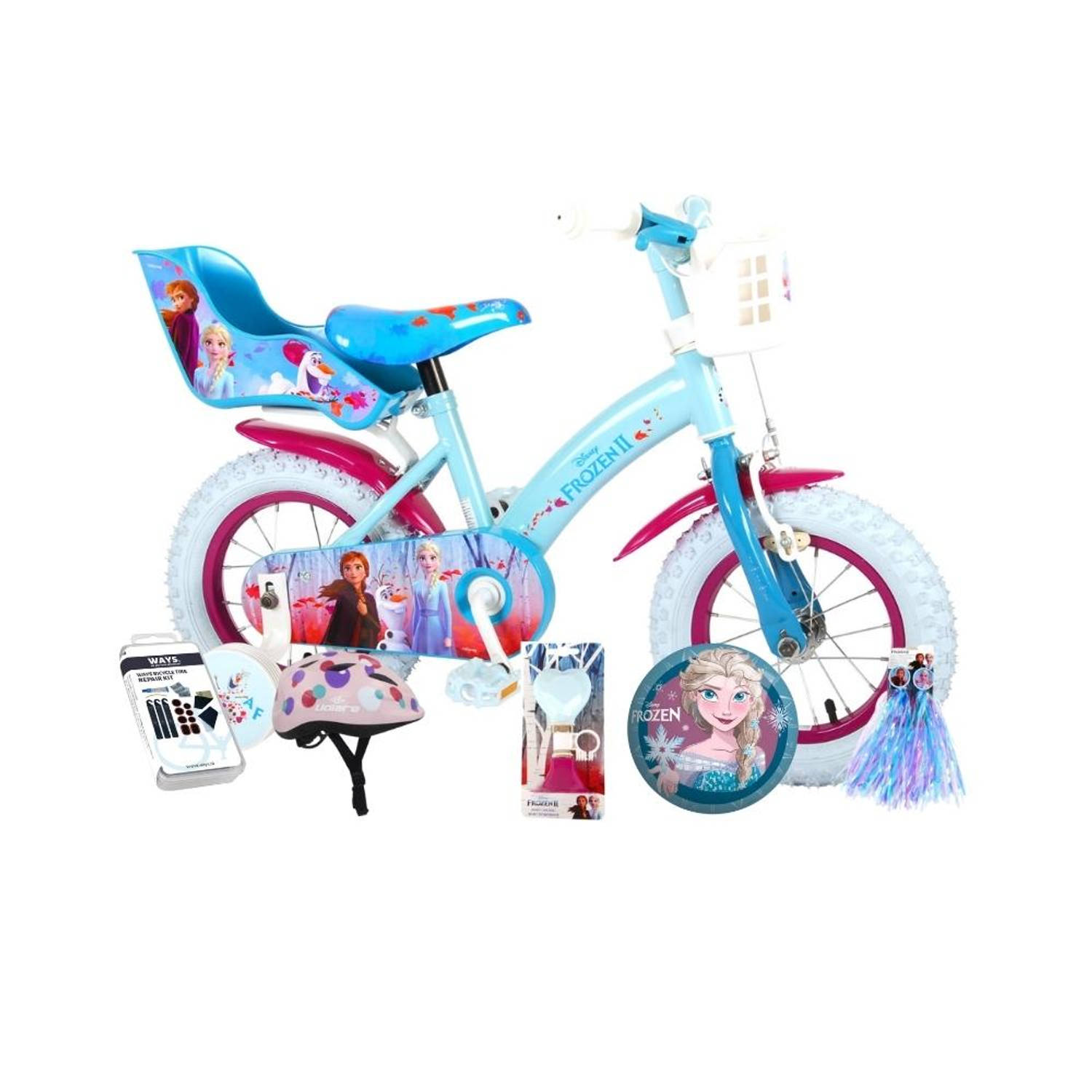Volare Kinderfiets Disney Frozen 2 - 12 inch - Blauw/Paars - Inclusief fietshelm + accessoires