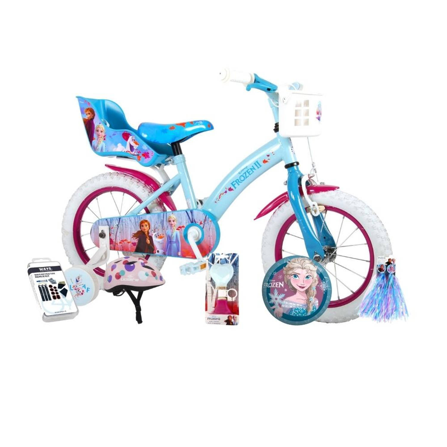 Volare Kinderfiets Disney Frozen 2 - 14 inch - Blauw/Paars + Met fietshelm & accessoires