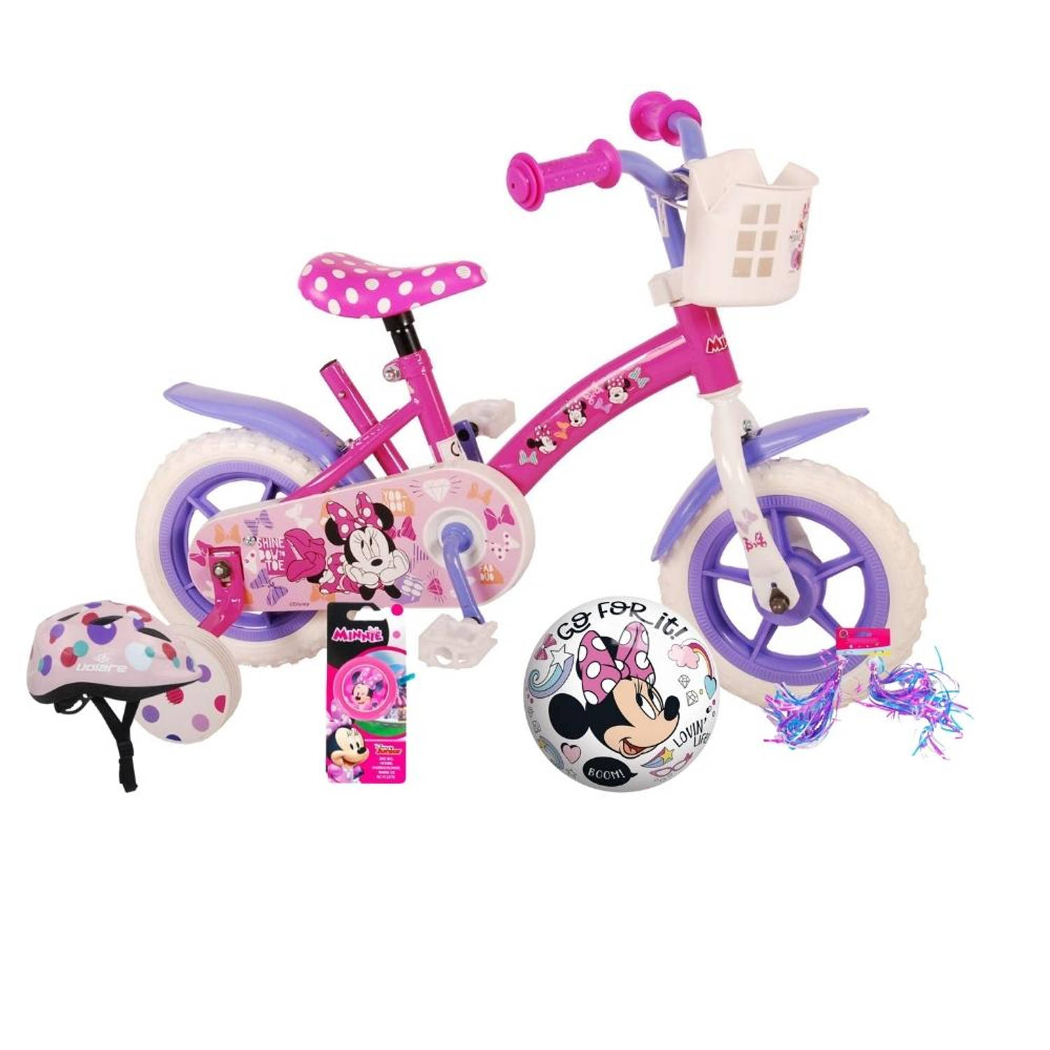 Volare Kinderfiets Minnie Mouse - 10 inch - Doortrapper - Inclusief fietshelm en accessoires