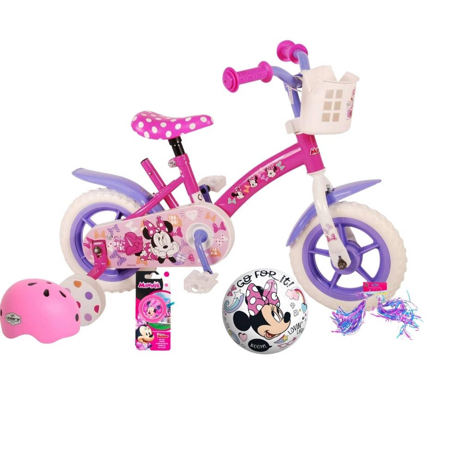 Volare Kinderfiets Minnie Mouse - 10 inch - Doortrapper - Inclusief fietshelm & accessoires