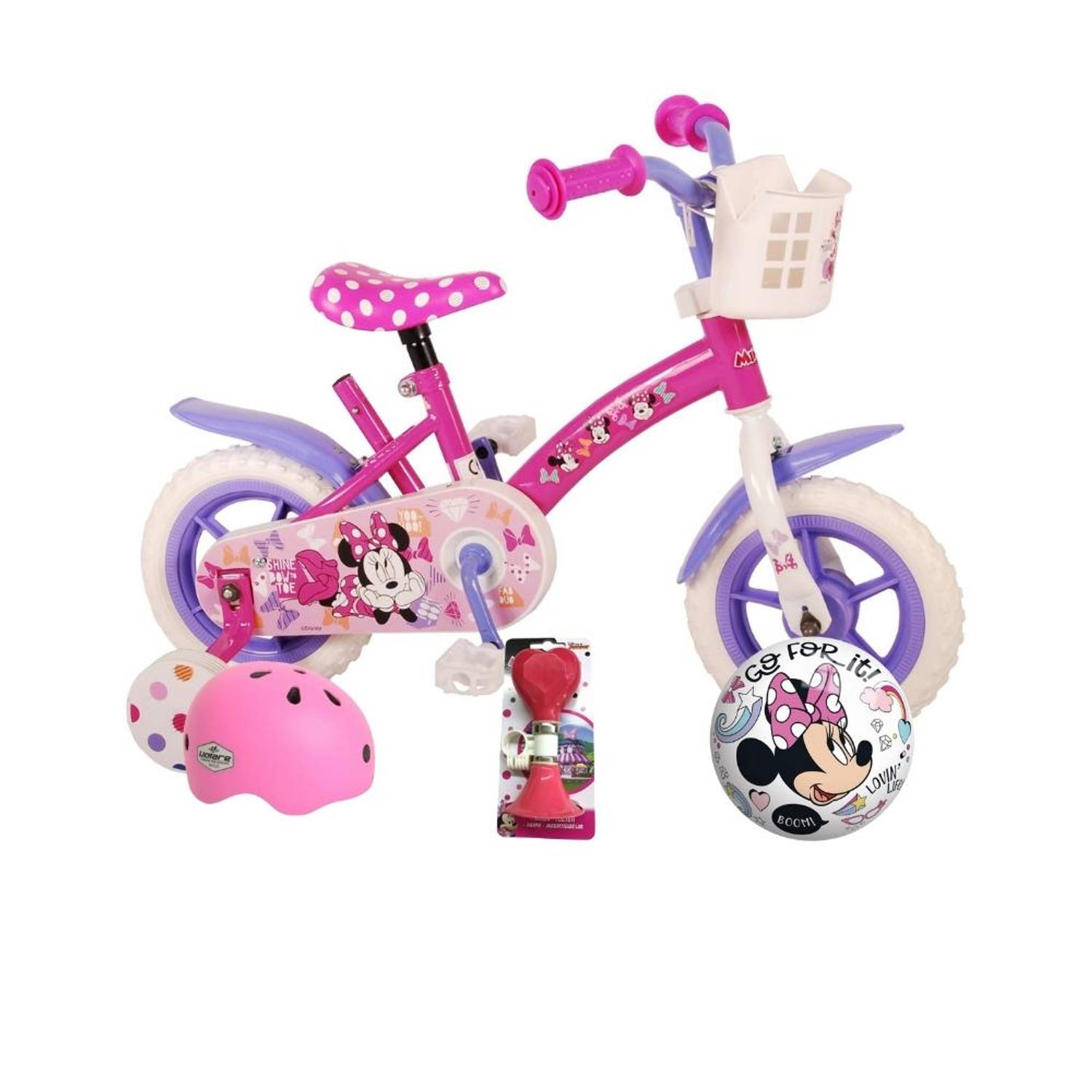 Volare Kinderfiets Minnie Mouse - 10 inch - Doortrapper - Met fietshelm & accessoires