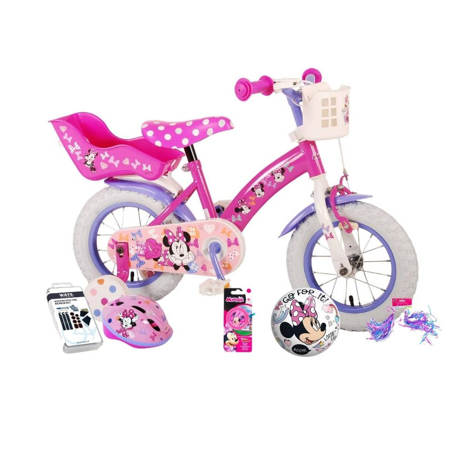 Volare Kinderfiets Minnie Mouse - 12 inch - Roze - Inclusief fietshelm en accessoires
