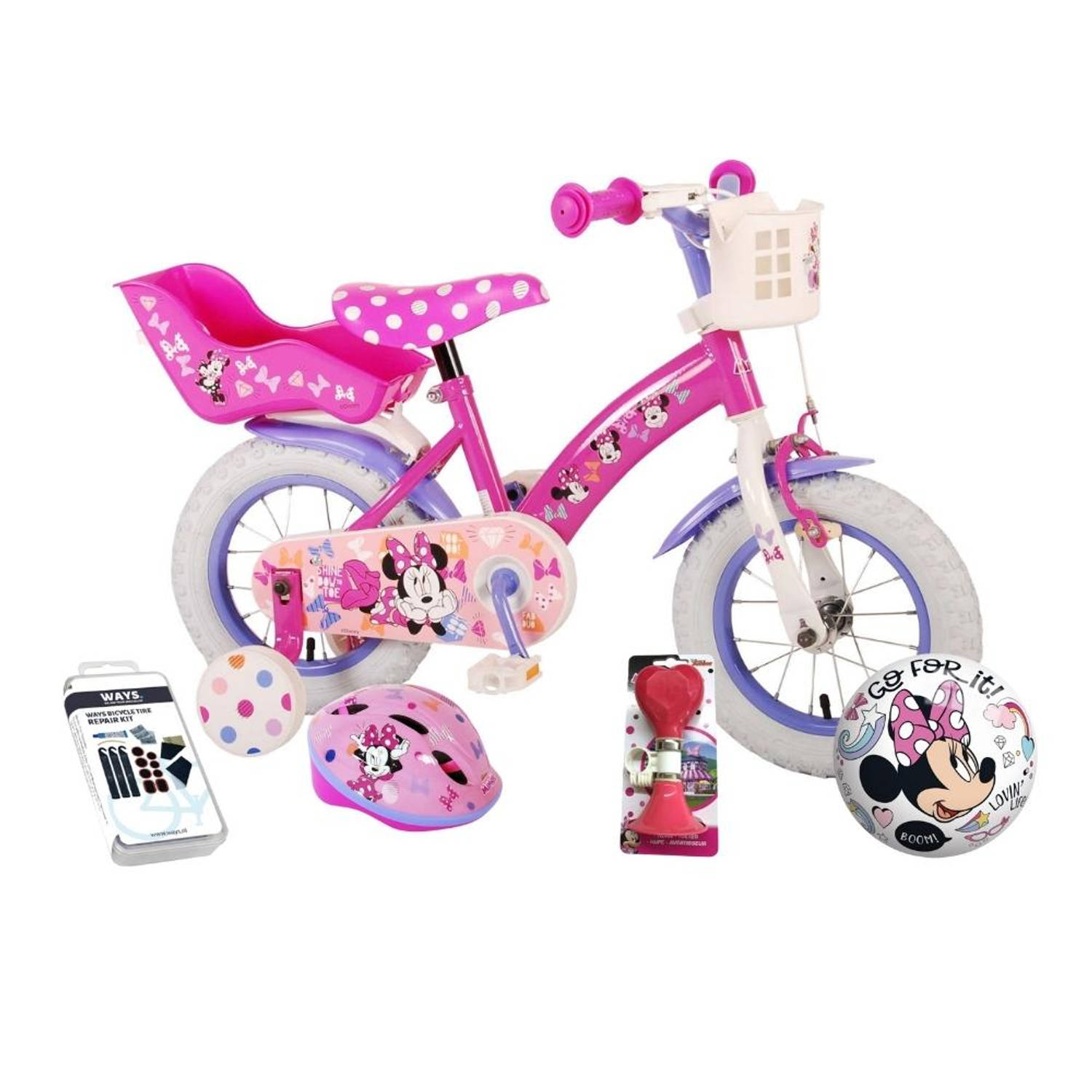Volare Kinderfiets Minnie Mouse - 12 inch - Roze - Met fietshelm en accessoires