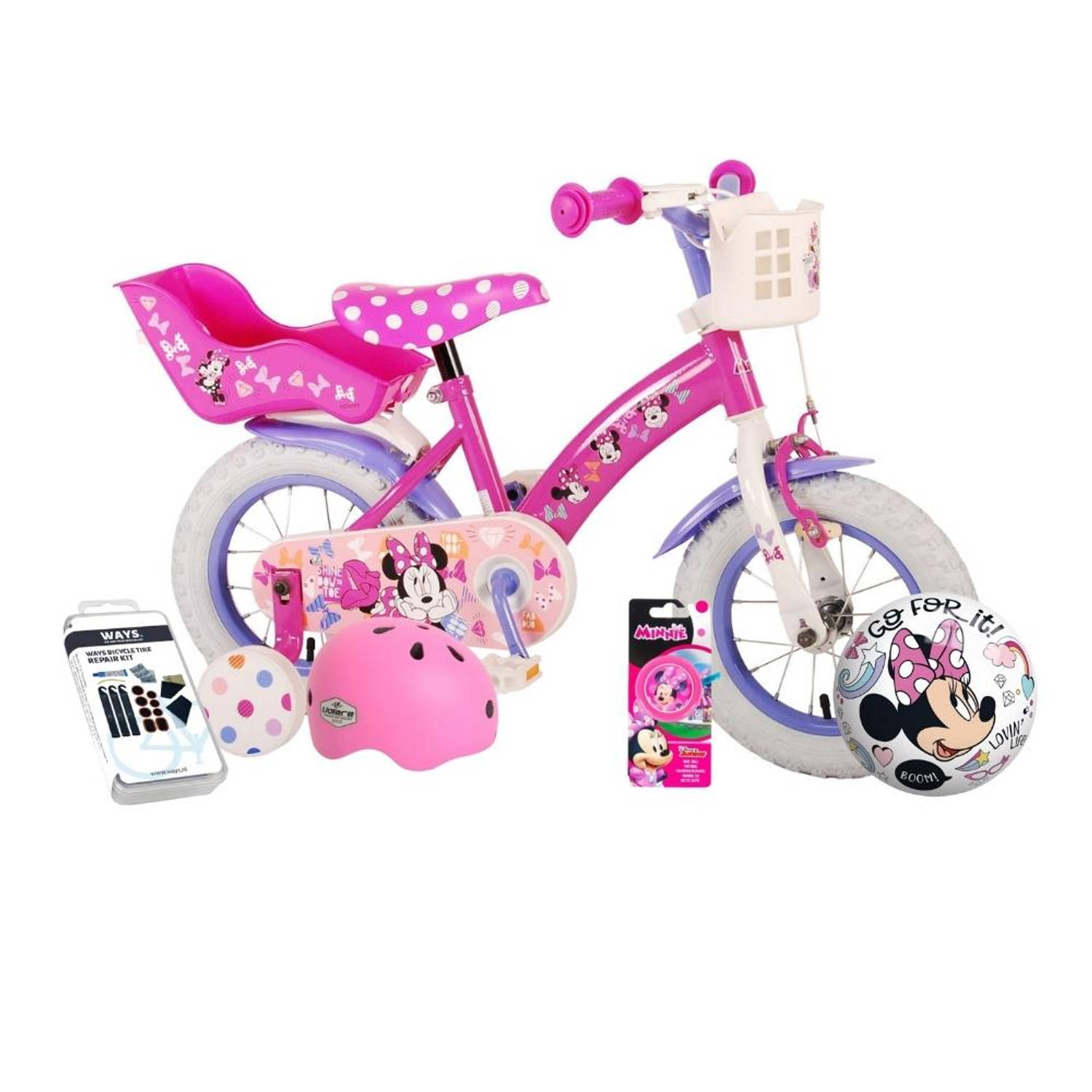 Volare Kinderfiets Minnie Mouse - 12 inch - Roze - Inclusief fietshelm & accessoires