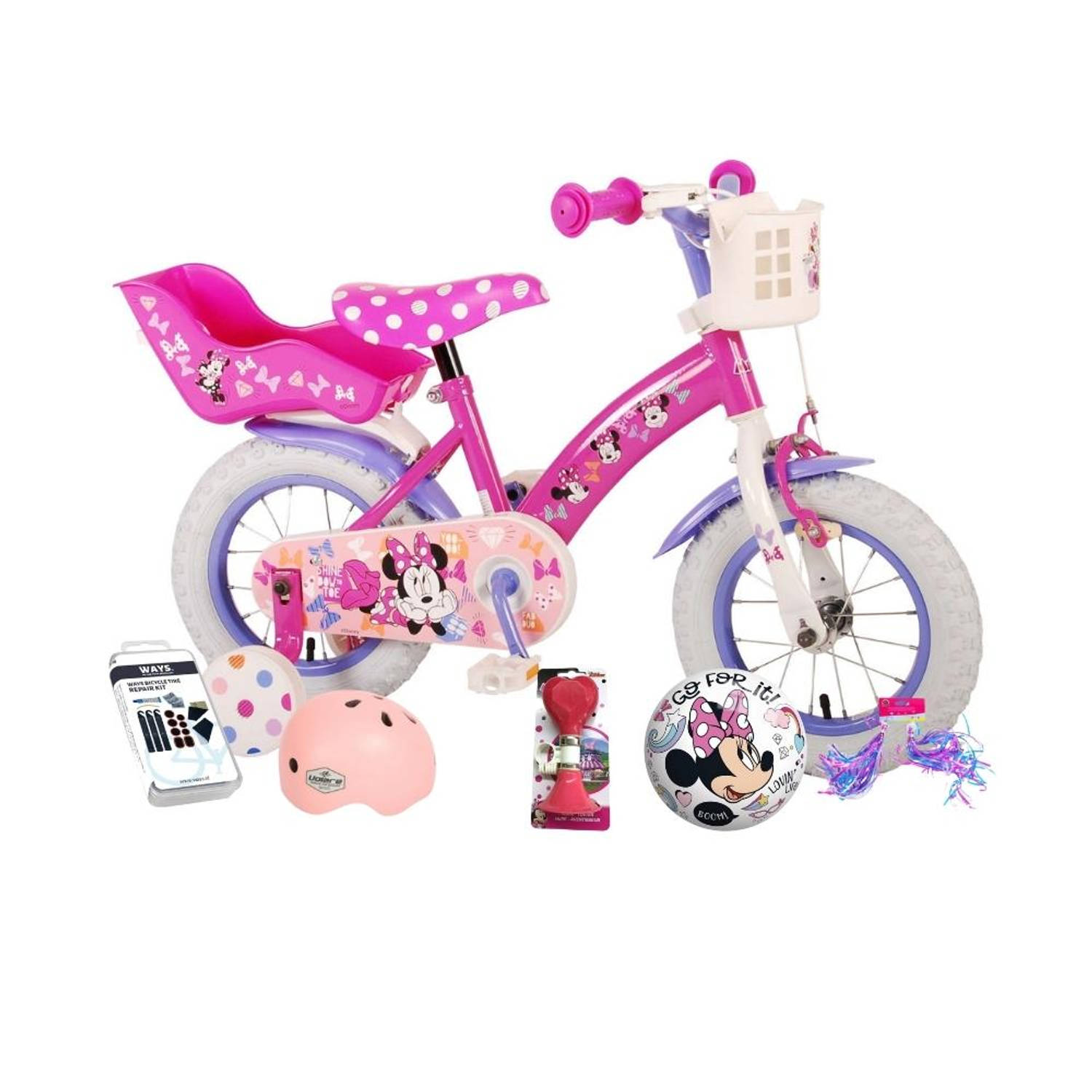 Volare Kinderfiets Minnie Mouse - 12 inch - Roze - Met fietshelm + accessoires